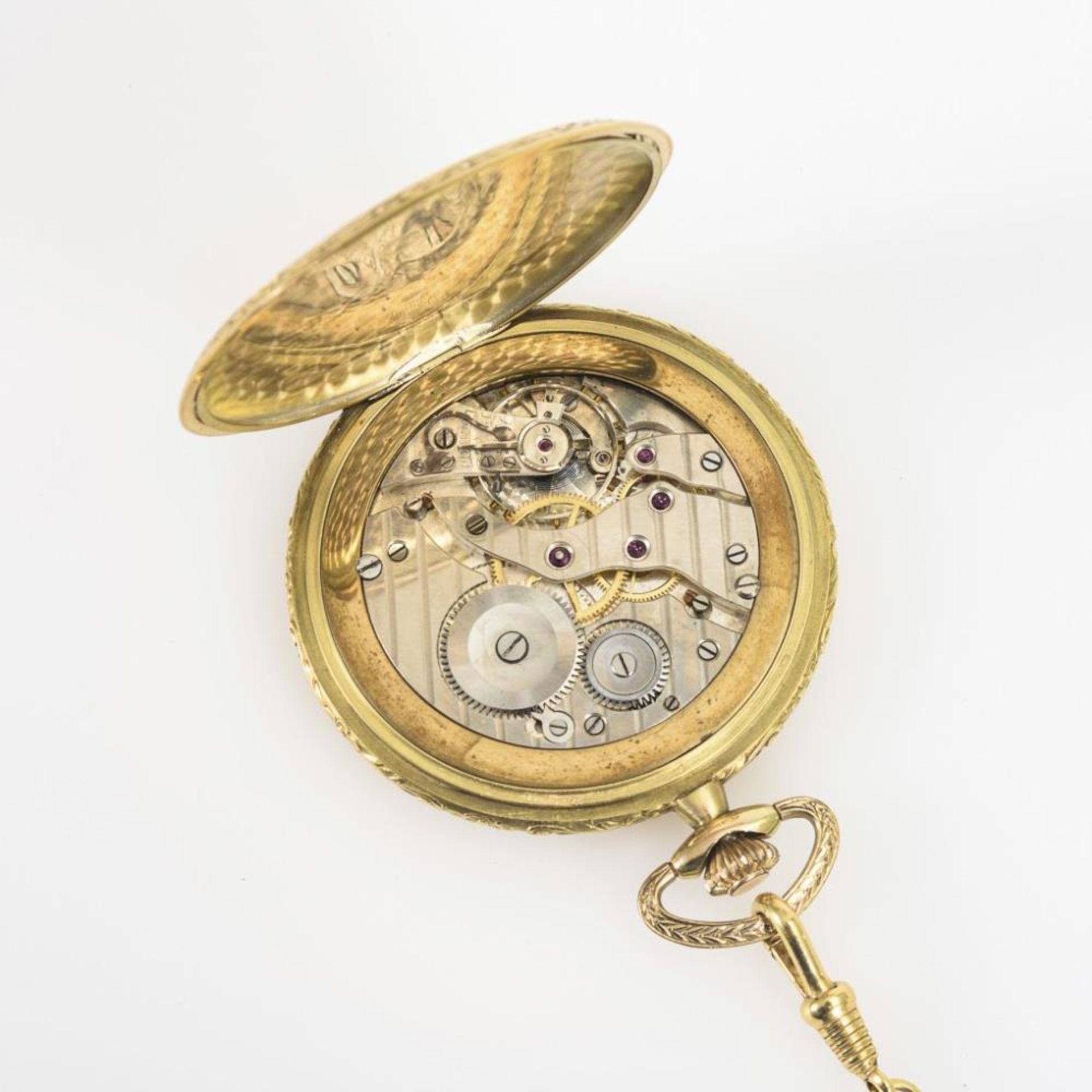 Goldene Savonnette an vergoldeter Uhrenkette. Chronomètre Corgémont Watch. - Bild 4 aus 5