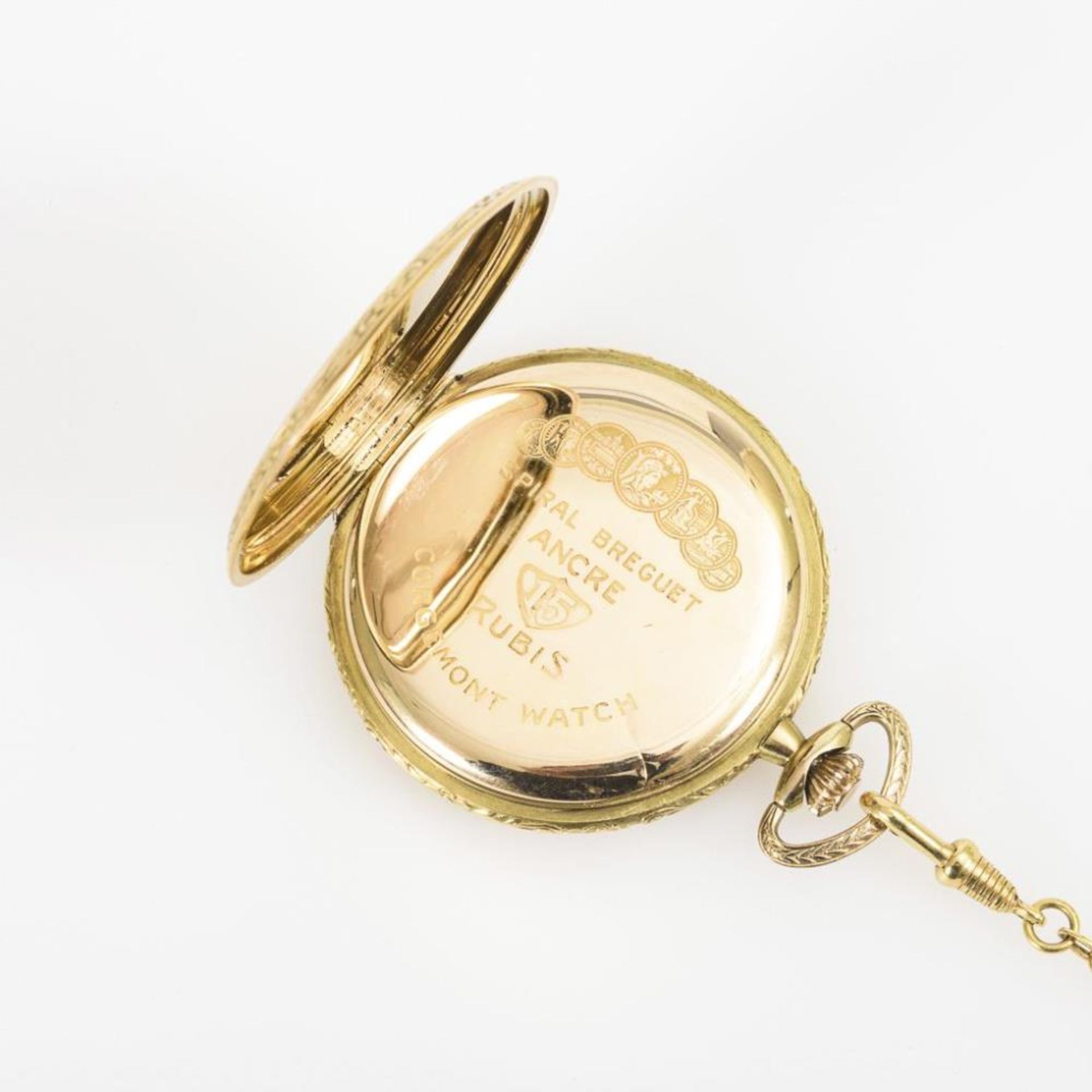 Goldene Savonnette an vergoldeter Uhrenkette. Chronomètre Corgémont Watch. - Bild 5 aus 5