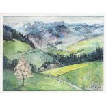 STRITZKE, Helen (* 1920 Jeschewo/Westpreußen). "Blick von Völs-Aicha mit blühendem Rapsfeld".