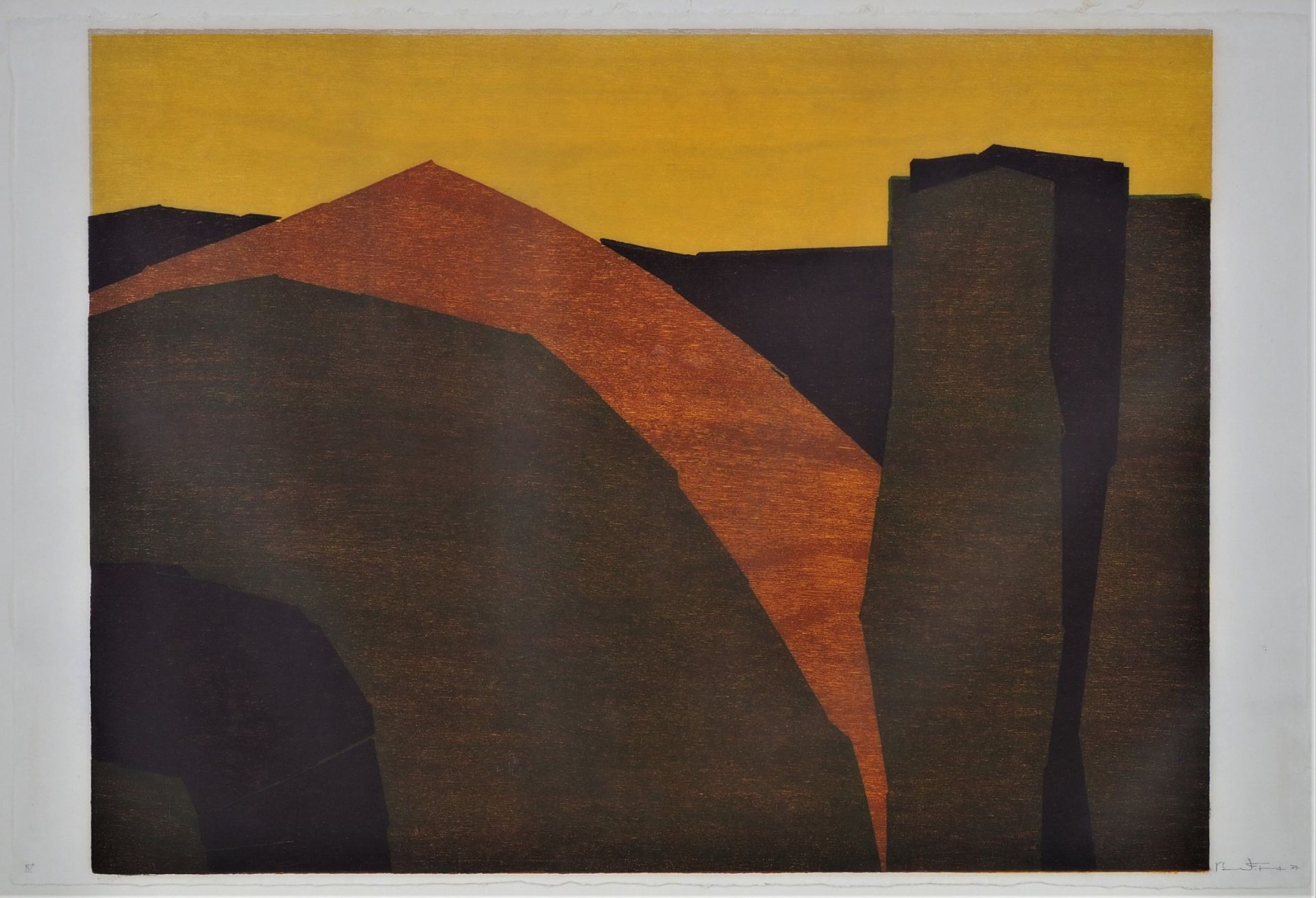 Large lithograph abstracted landscape - illegibly signed, 1977.