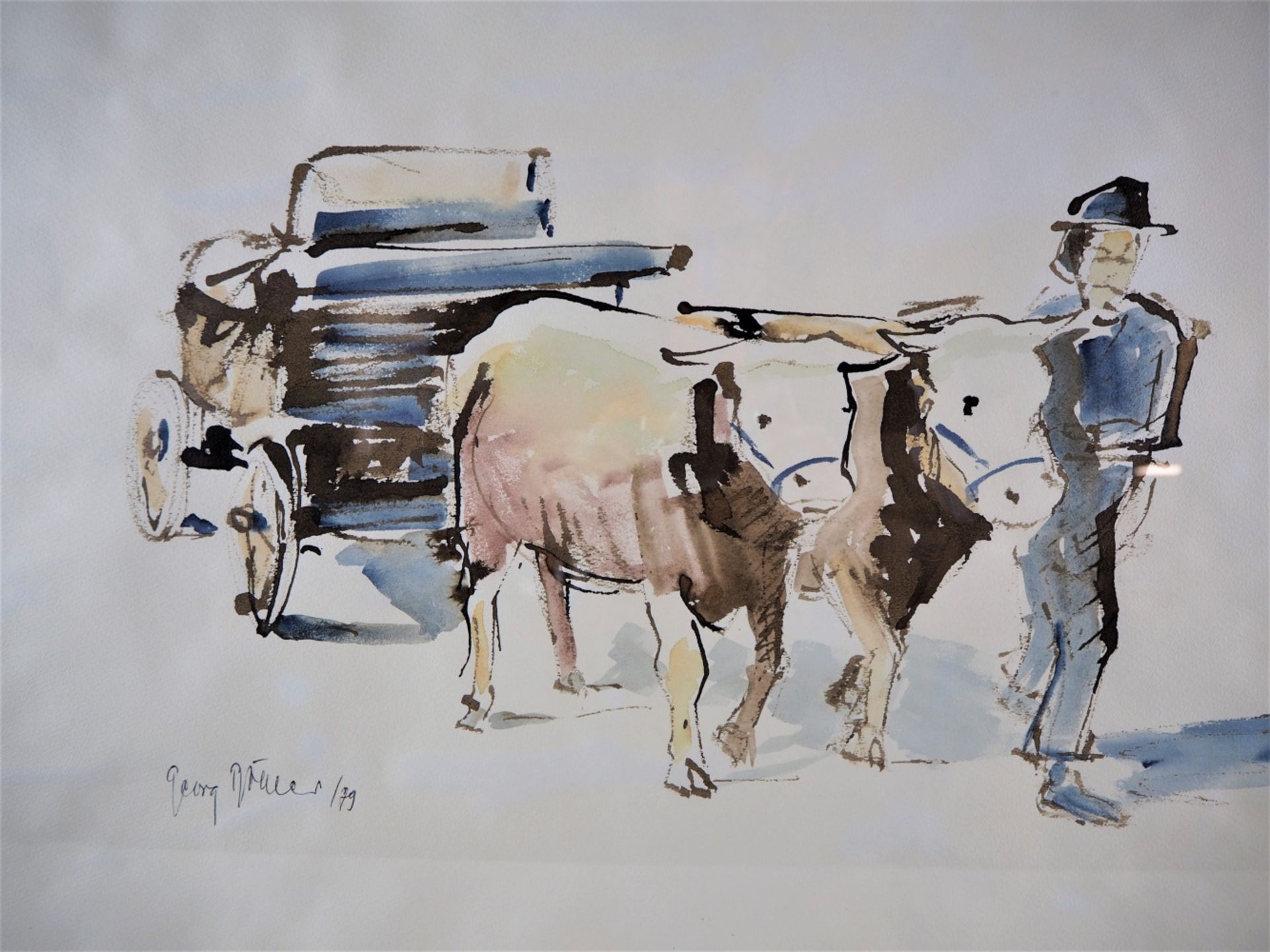 Georg Böhler - Watercolour ox cart 1979