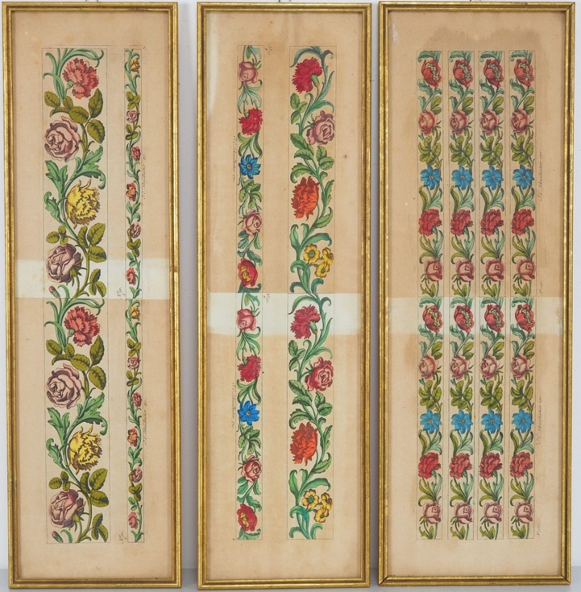 Colored engravings floral ornaments, 3 pieces, 18th century.