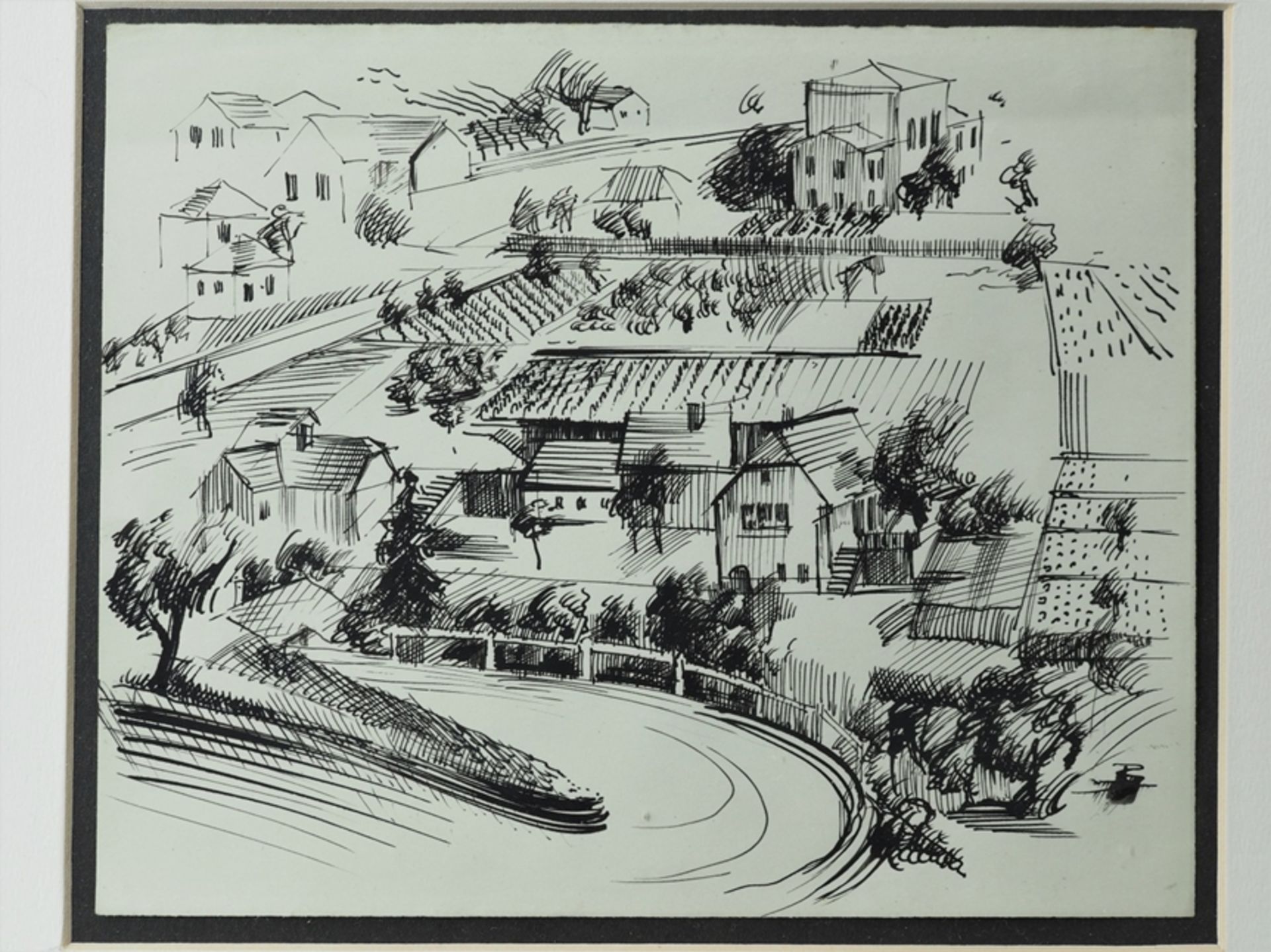 János Bizse (1920-1981, Pécs) - ink drawing village and fields - Image 2 of 3