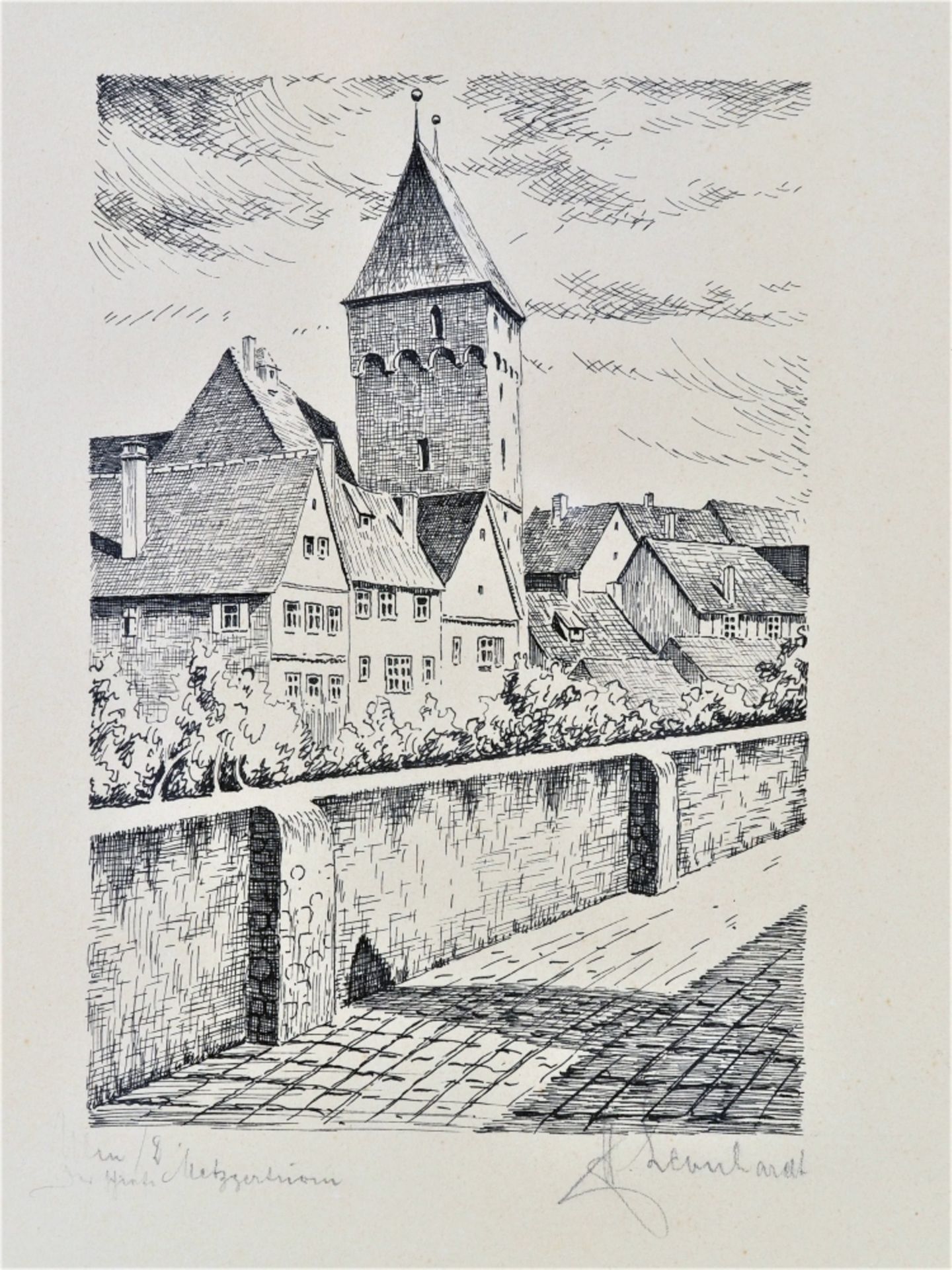 Ink drawing Metzgerturm Ulm - sign. "H. Leonhardt"