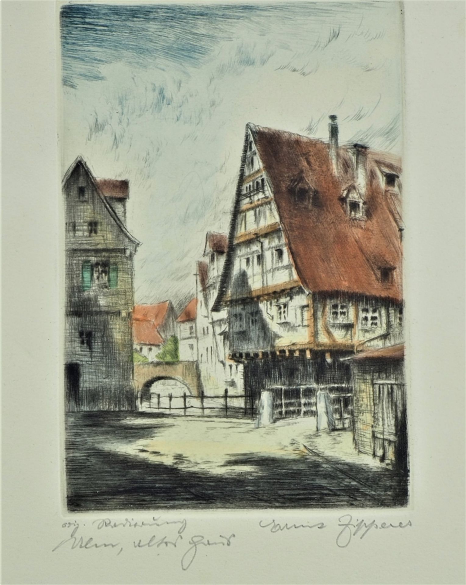 Ernst Gustav Zipperer (1888 Ulm - 1982 Heilbronn) - color etching Ulmer Fischerviertel