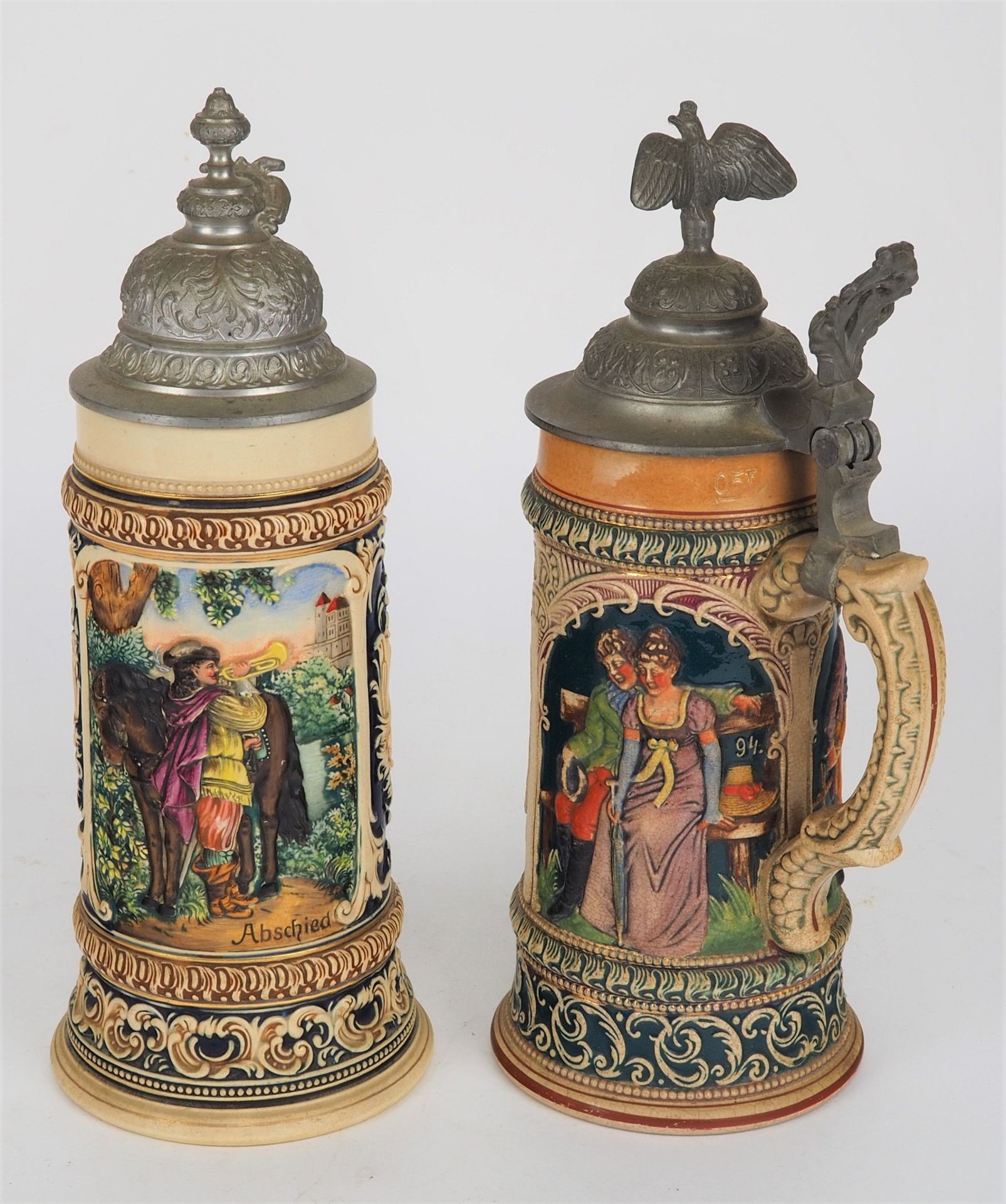 Beer mugs with relief pictures, 5 pieces, around 1900 - Image 2 of 4