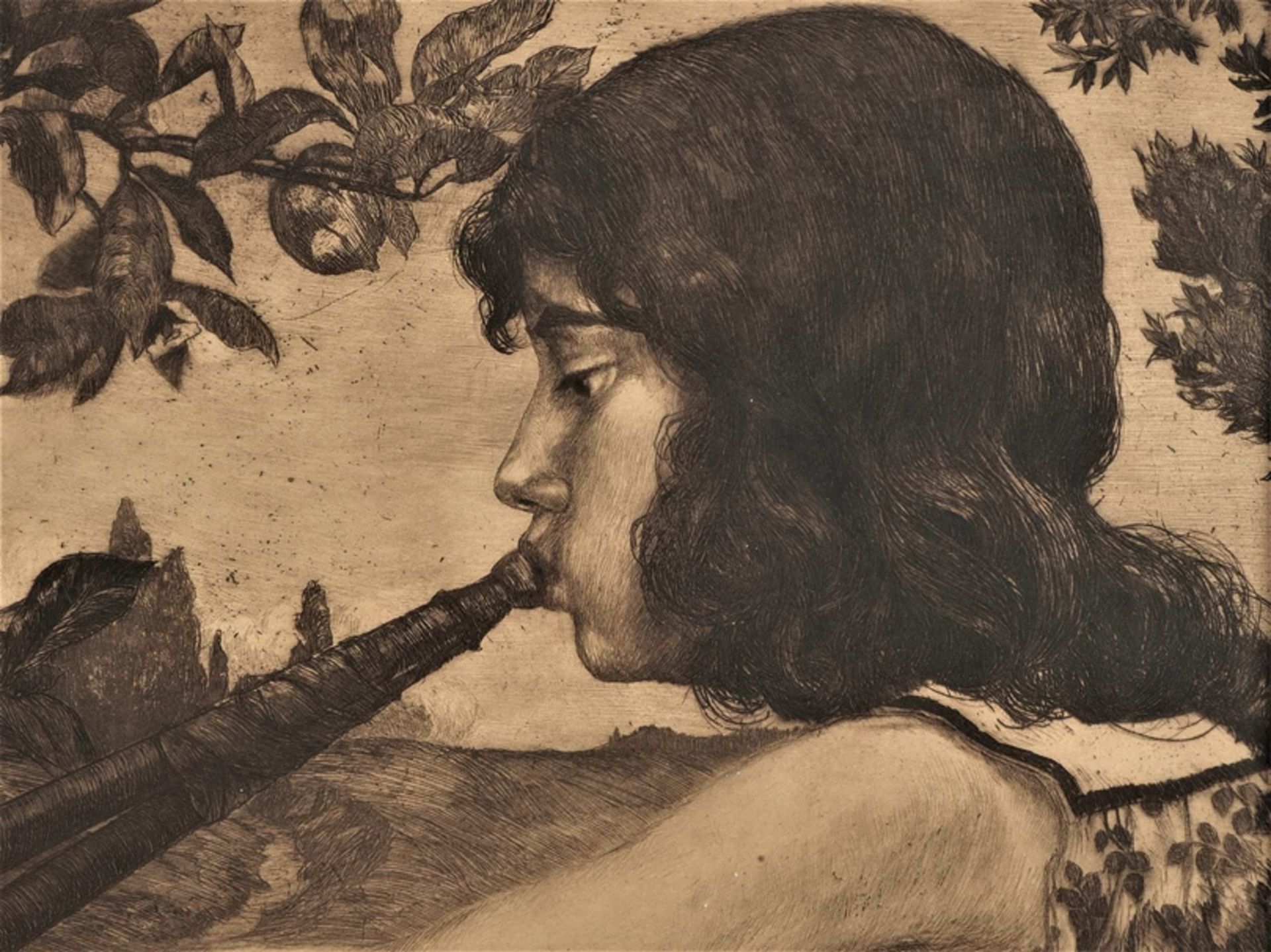 Large art nouveau etching, female flute player, around 1900 - Image 3 of 3