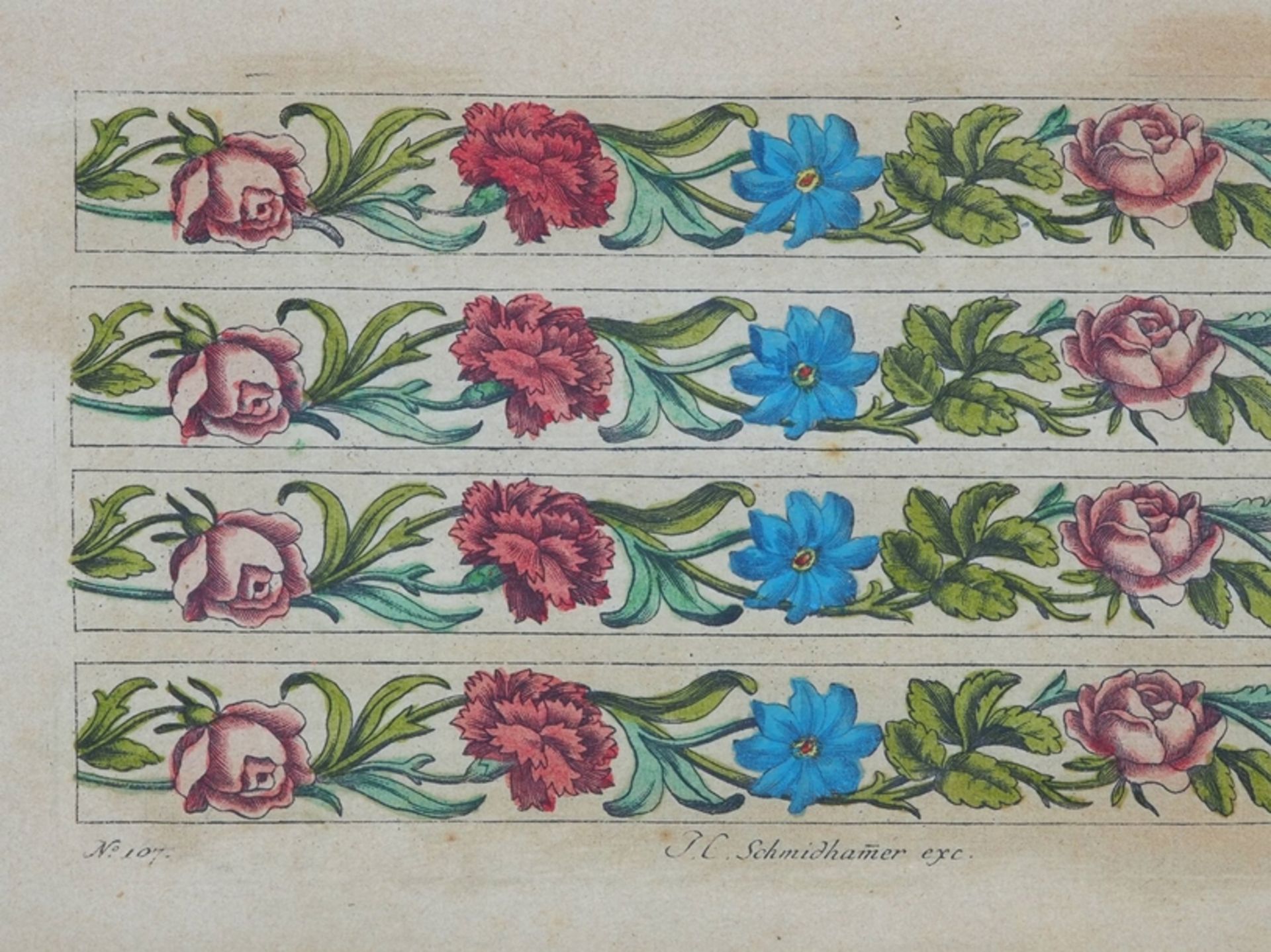 Colored engravings floral ornaments, 3 pieces, 18th century. - Image 2 of 2