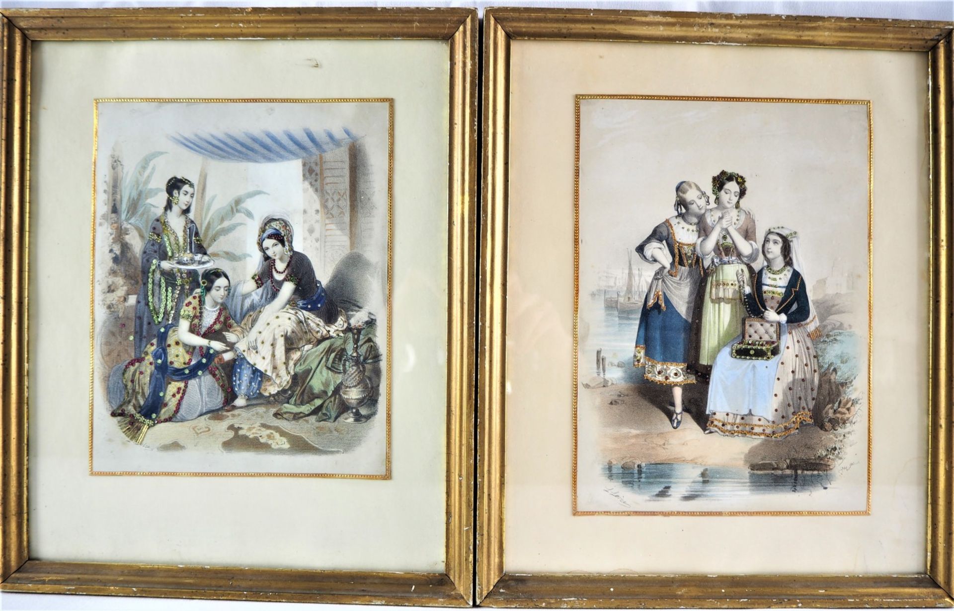 Pair of coloured engravings, female figures, "L. Loize", probably France around 1850.