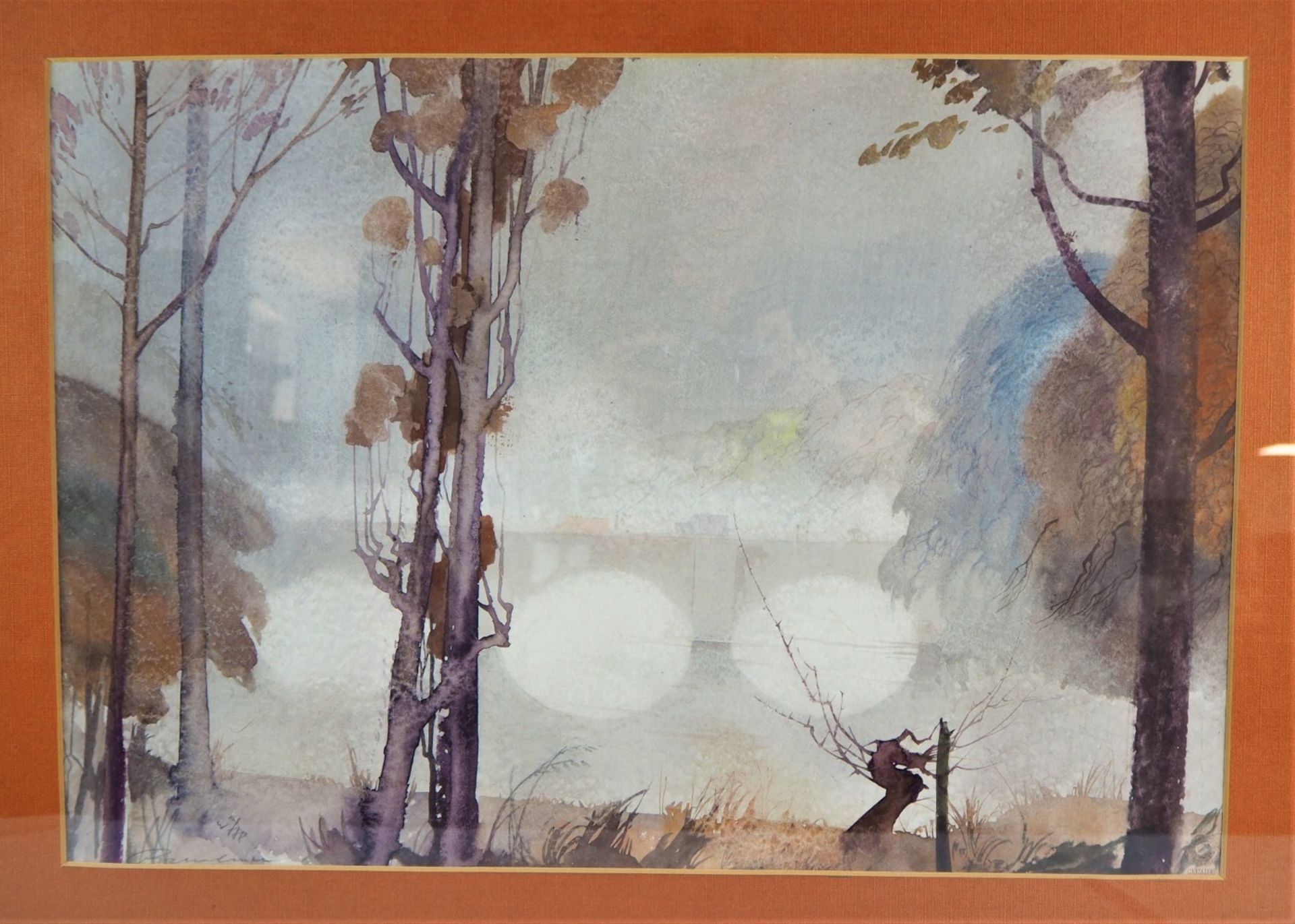 Watercolour Landscape with Bridge in the Fog - illegibly signed