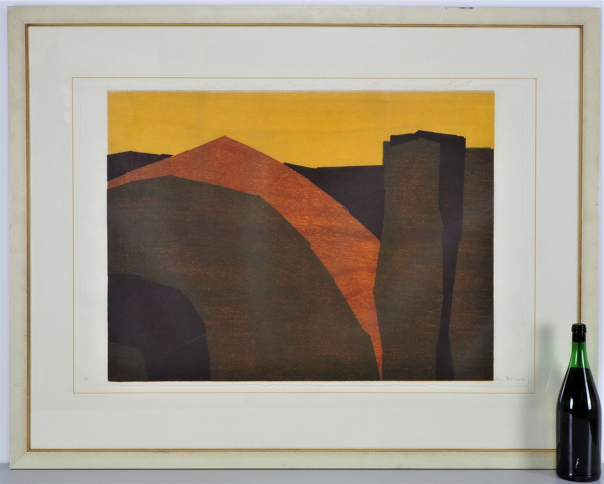 Large lithograph abstracted landscape - illegibly signed, 1977. - Image 2 of 3