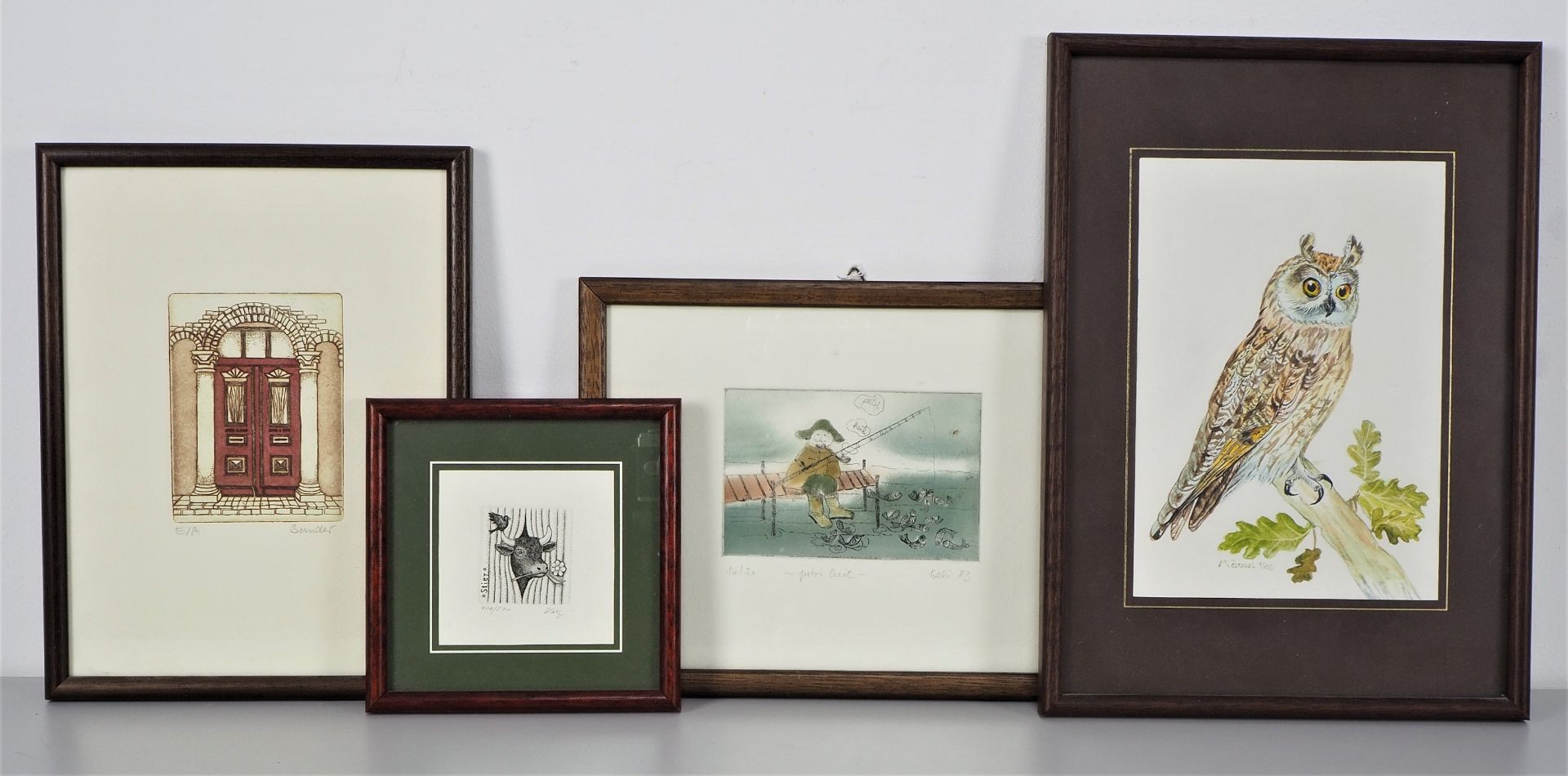 Convolute engravings and watercolor in frame, 4 pieces.