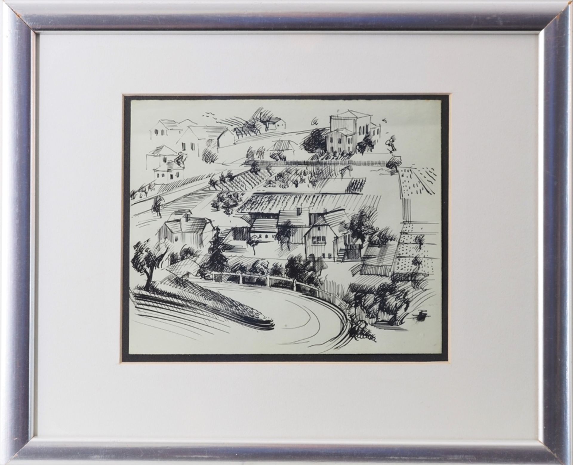 János Bizse (1920-1981, Pécs) - ink drawing village and fields