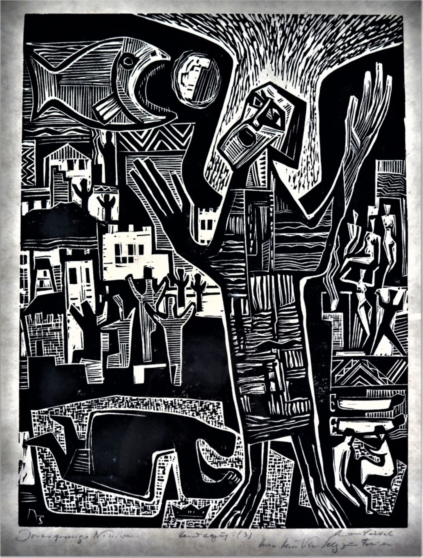 Woodcut "Jonah's Sermon Nineveh" - sign. "Seidel"