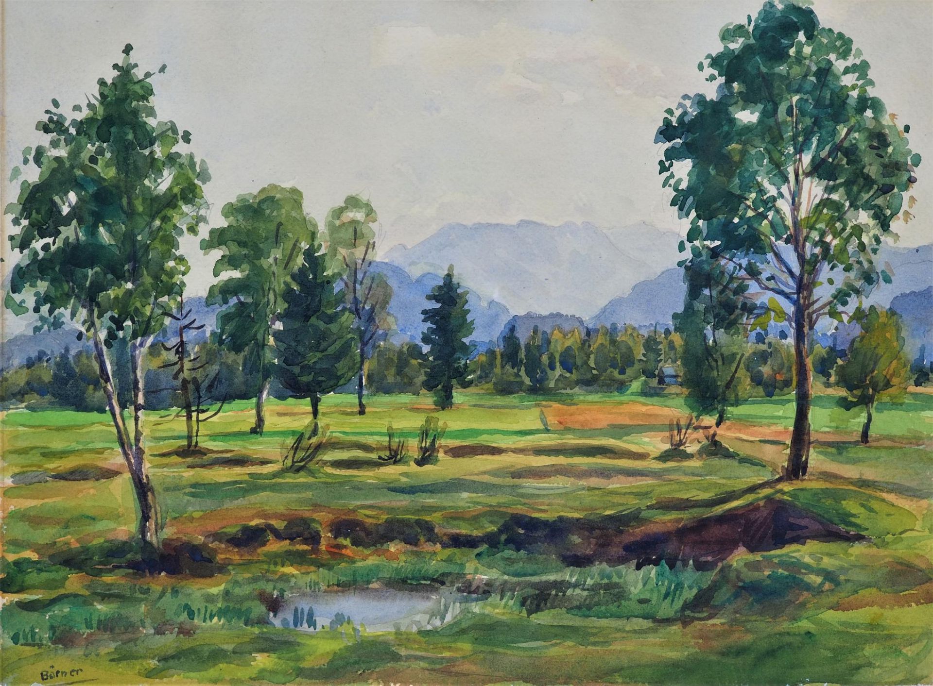 Emil Paul Börner (1888-1970, Meissen) - watercolor landscape Fischen im Allgäu 1942.