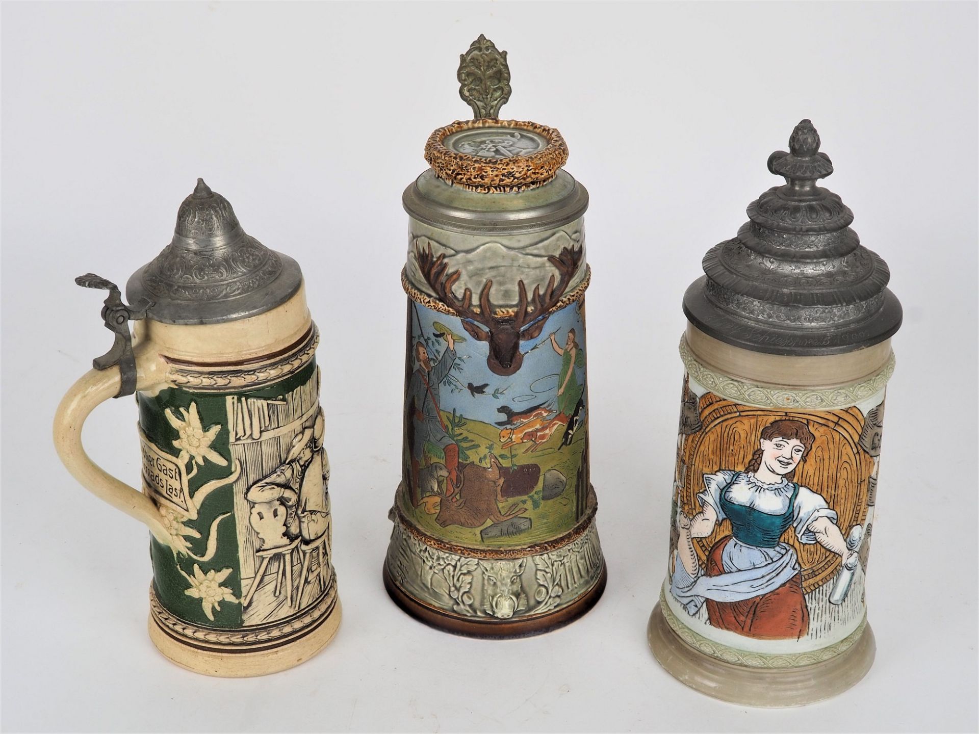 Beer mugs with relief pictures, 5 pieces, around 1900 - Image 3 of 4