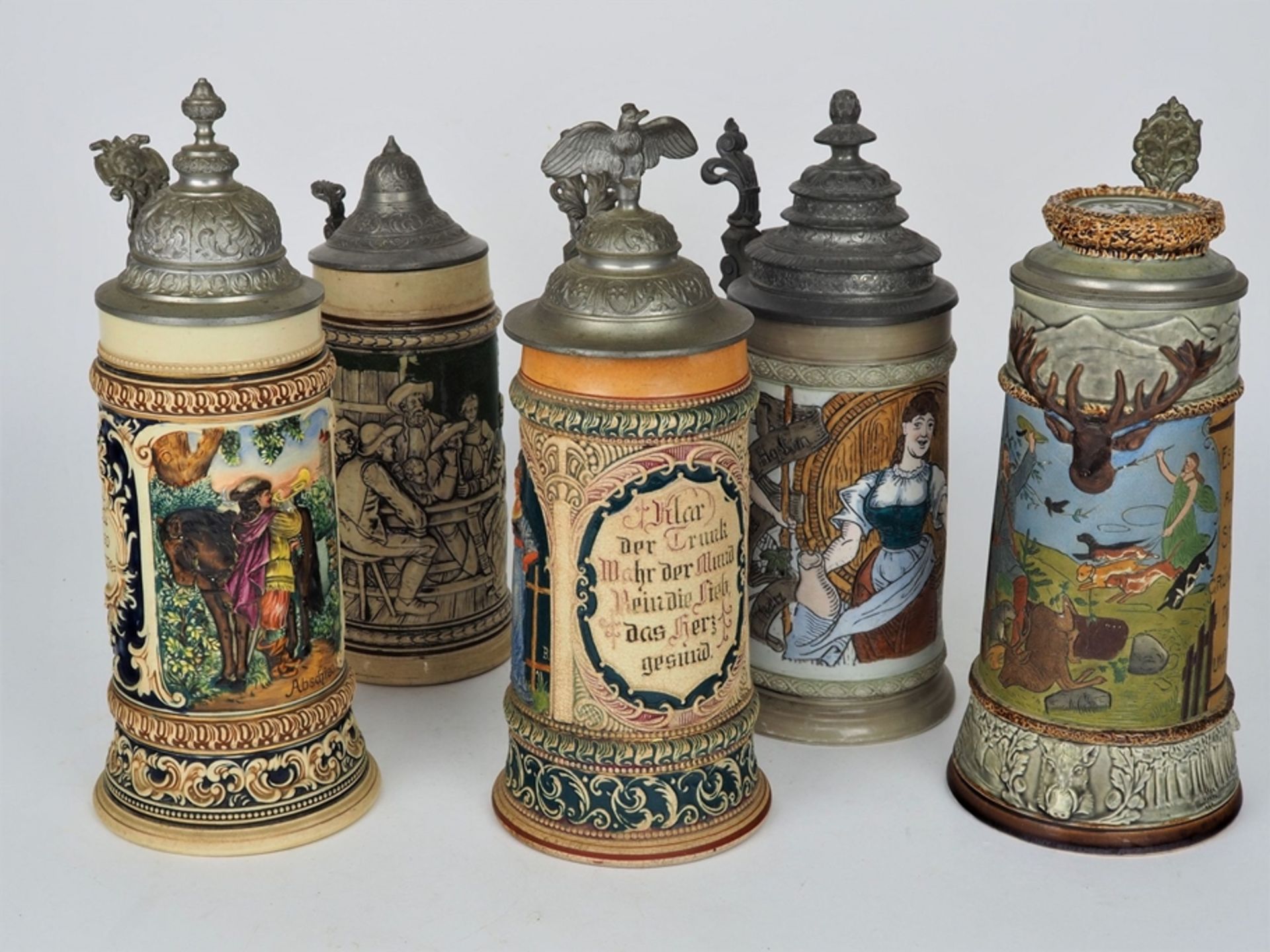 Beer mugs with relief pictures, 5 pieces, around 1900