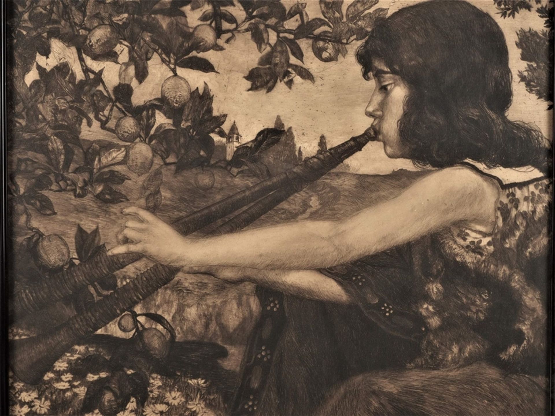 Large art nouveau etching, female flute player, around 1900 - Image 2 of 3