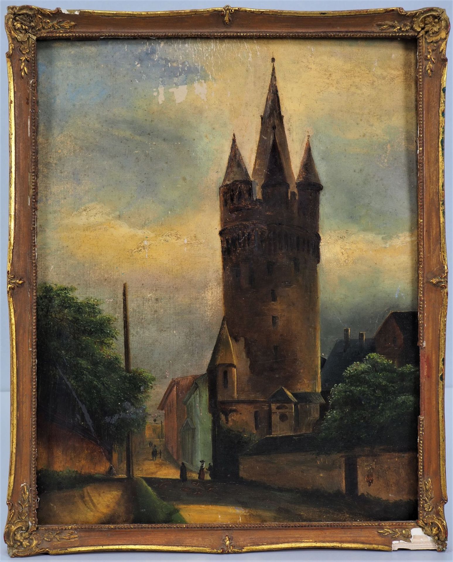 Street view with medieval tower, 19th century