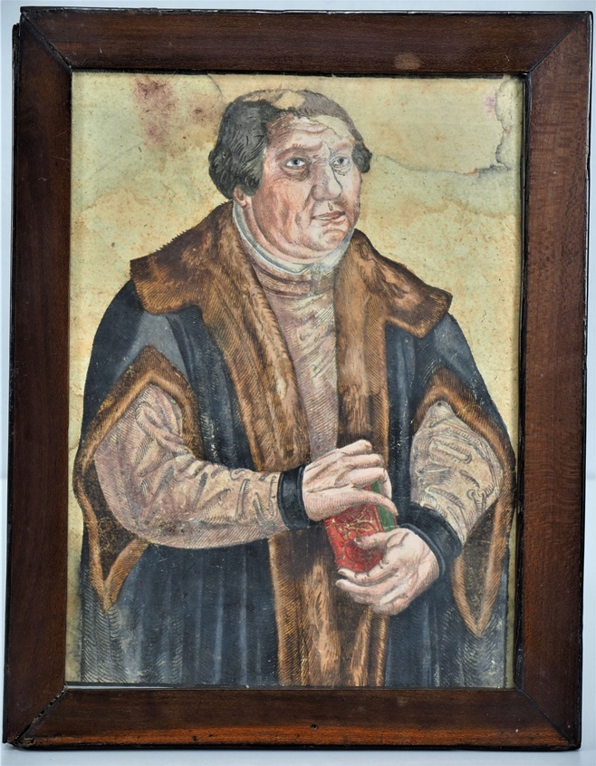 Colored woodcut Martin Luther, after Lucas Cranach the Younger, 16th century.