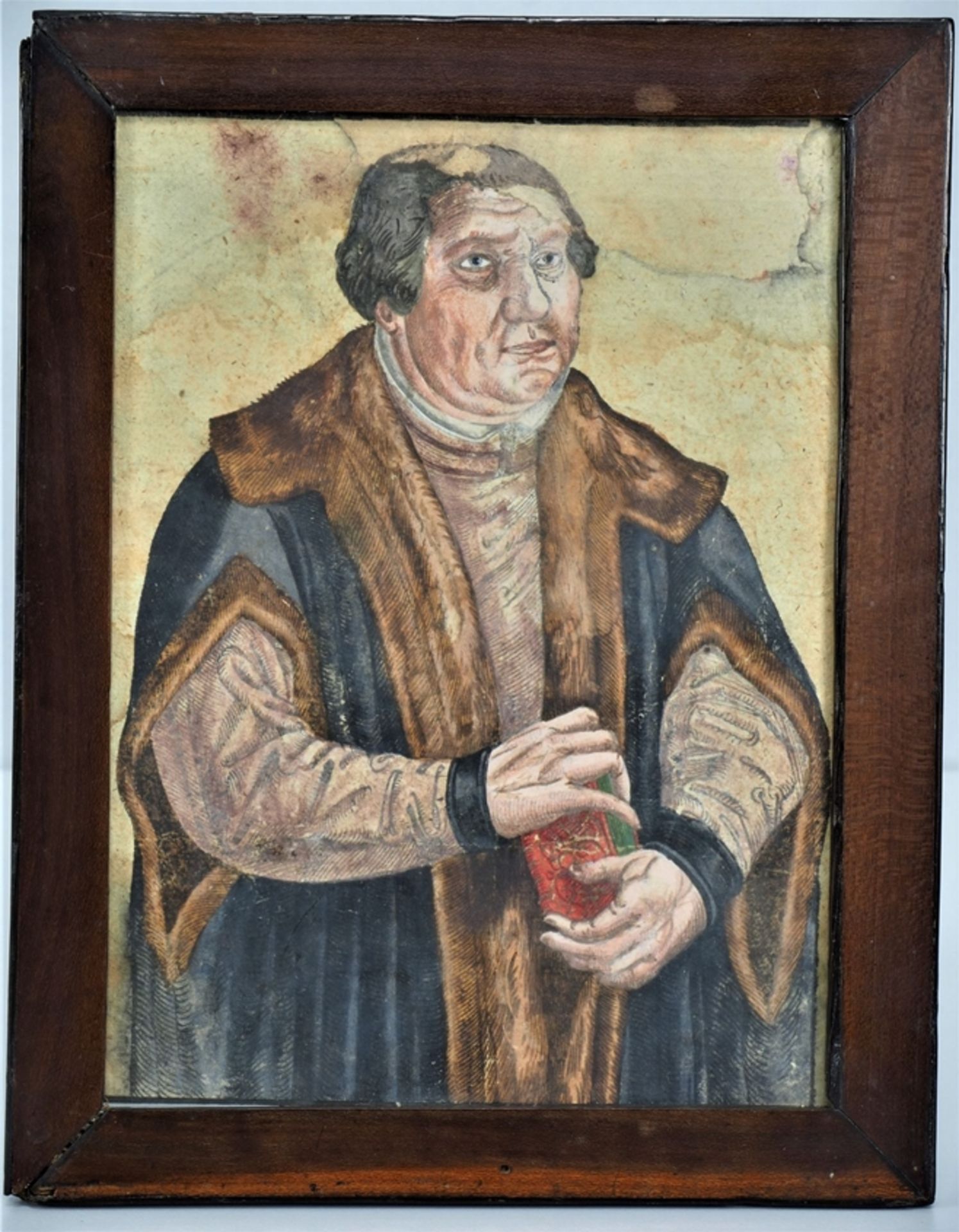 Kolorierter Holzschnitt Martin Luther, nach Lucas Cranach d.J., 16. Jh.