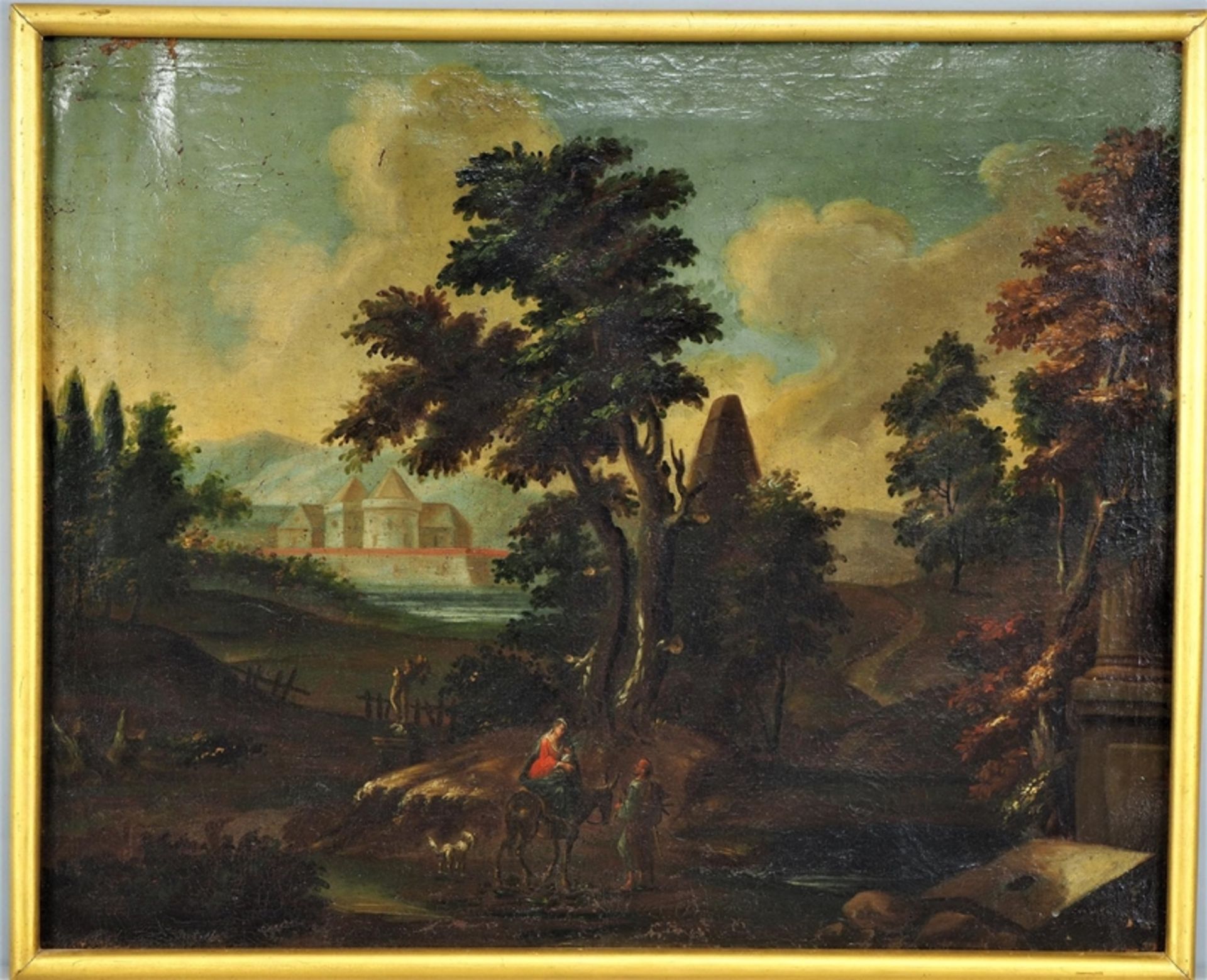 Baroque landscape painting with Escape to Egypt, early 18th century.