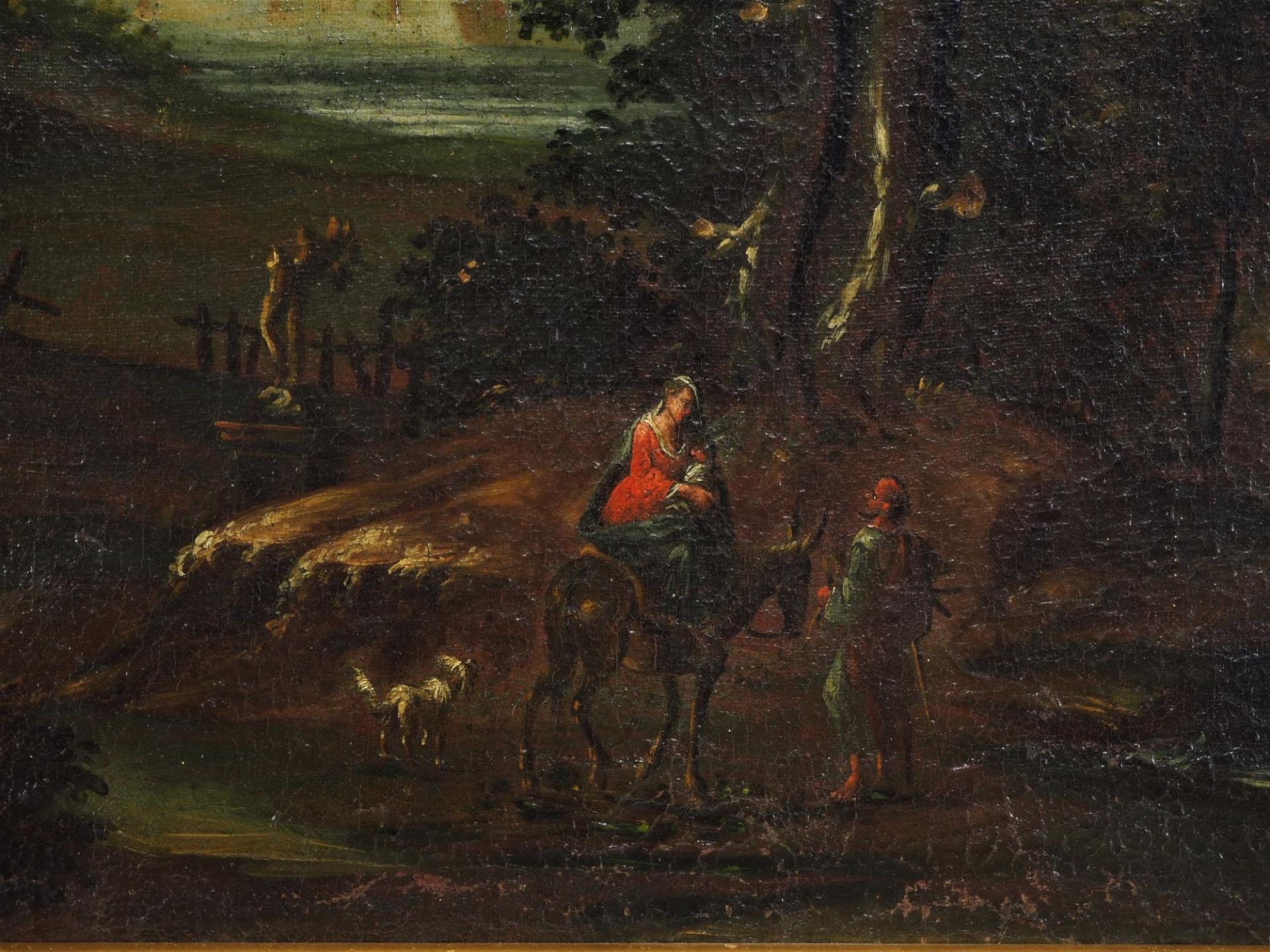 Baroque landscape painting with Escape to Egypt, early 18th century. - Image 2 of 3