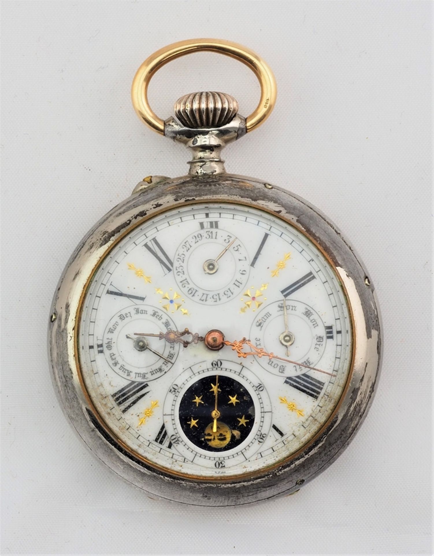 Pocket watch with calendar and moon phases.