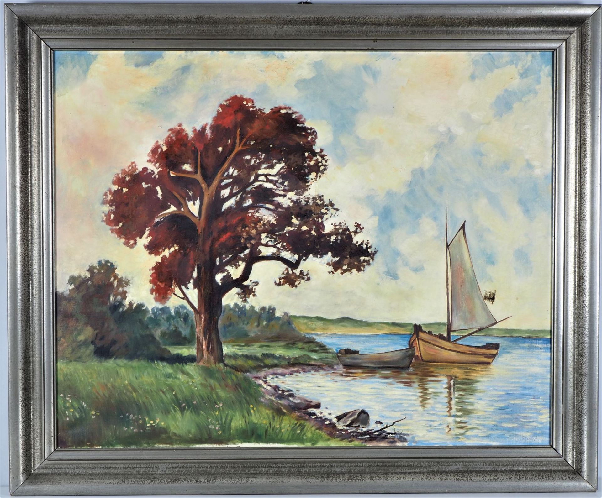 Landscape with lake and sailboat - sign. Rabini