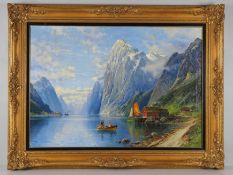 Carl Bergfeld (1837, Amsterdam - 1920) - Große Fjordlandschaft mit Booten