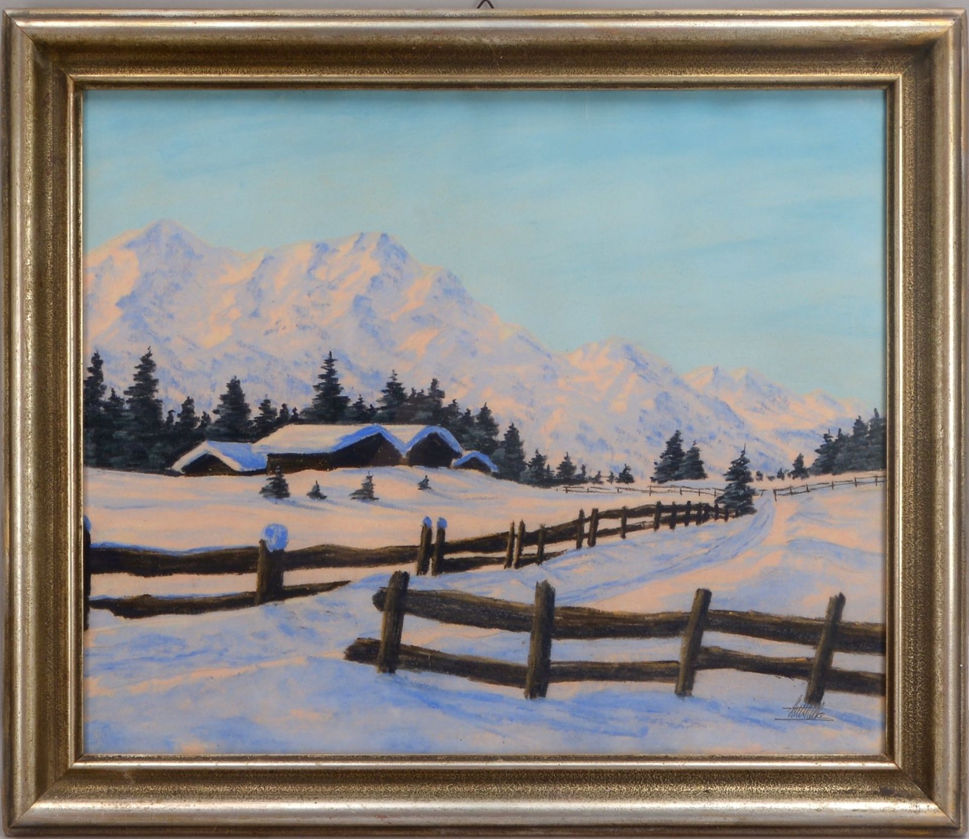 Kreidepastell, &#039;Winterliche Alpenlandschaft mit H&uuml;tten&#039;, unten rechts (nicht eindeuti