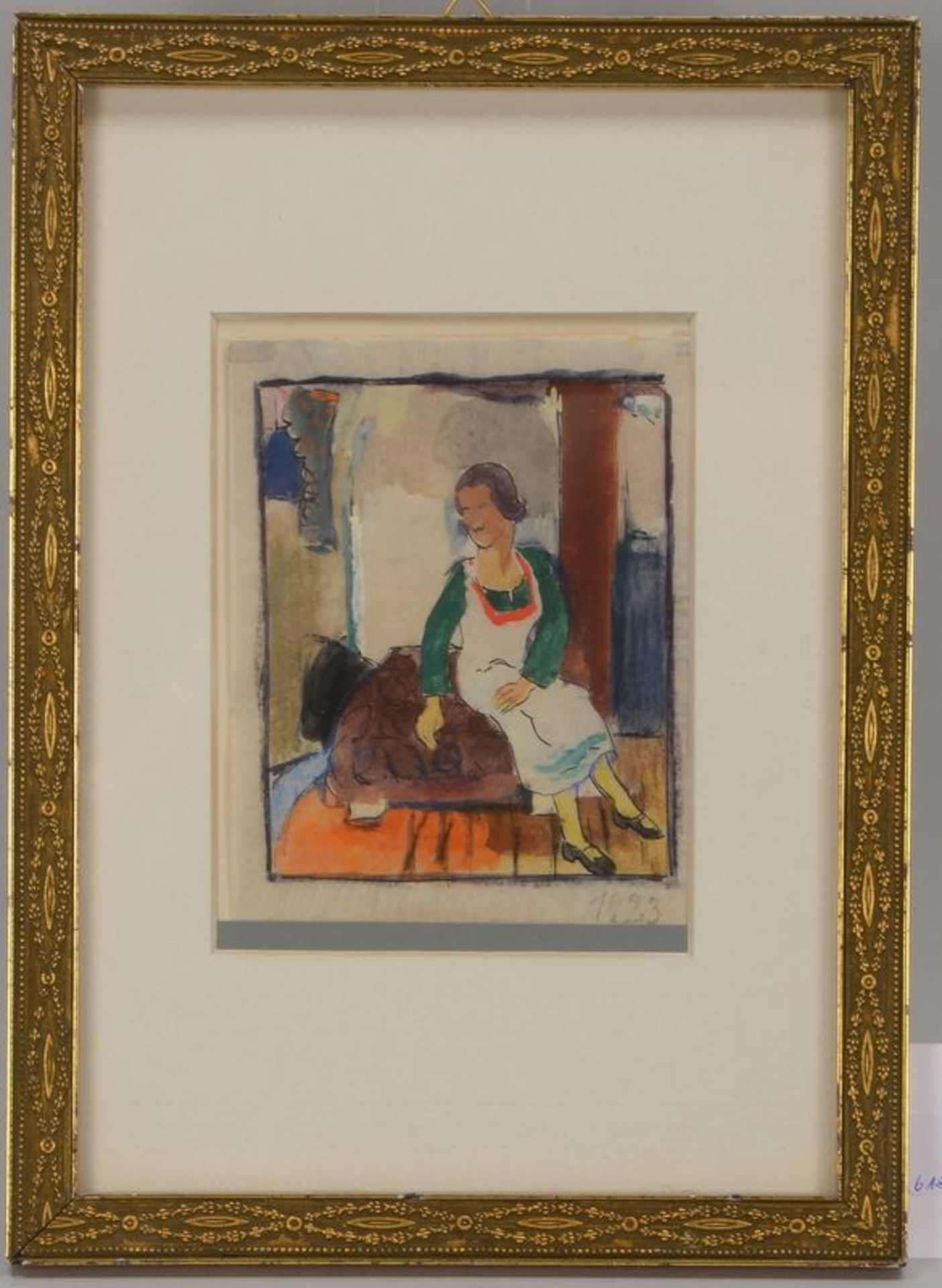 Hartmann, Erich (1866 - 1974), &#039;Interieur mit sitzender Frau&#039;, Aquarell/Zeichnung, unten d