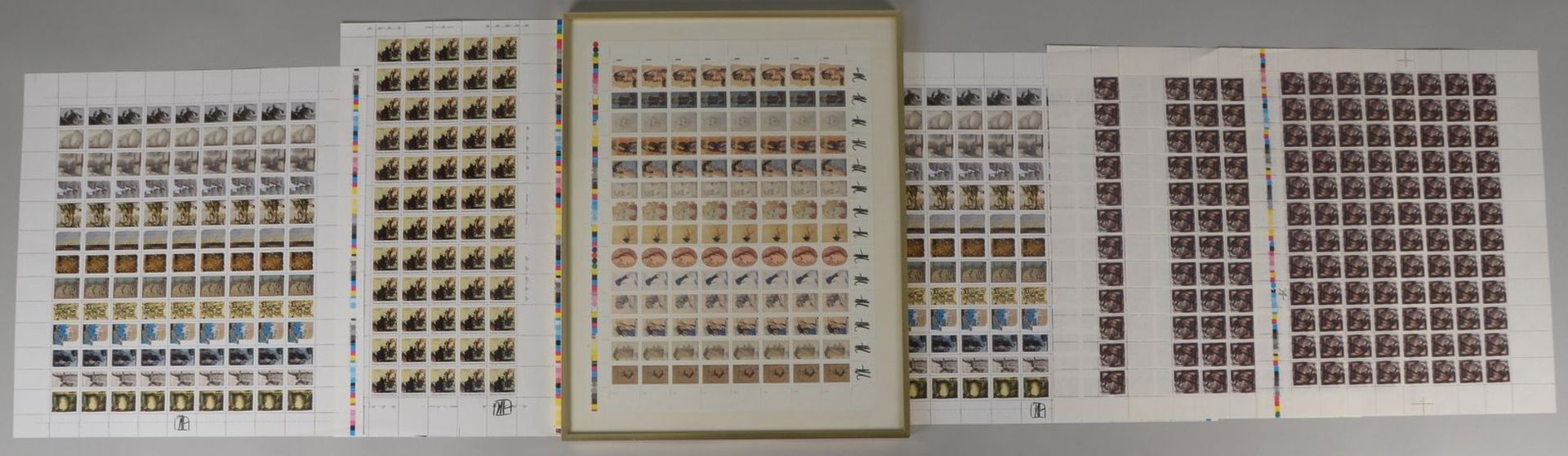 Janssen, Horst (1929 - 1995, Hamburg), &#039;Briefmarkenbogen&#039;, 7x Serigrafien/Andrucke, Bl&aum