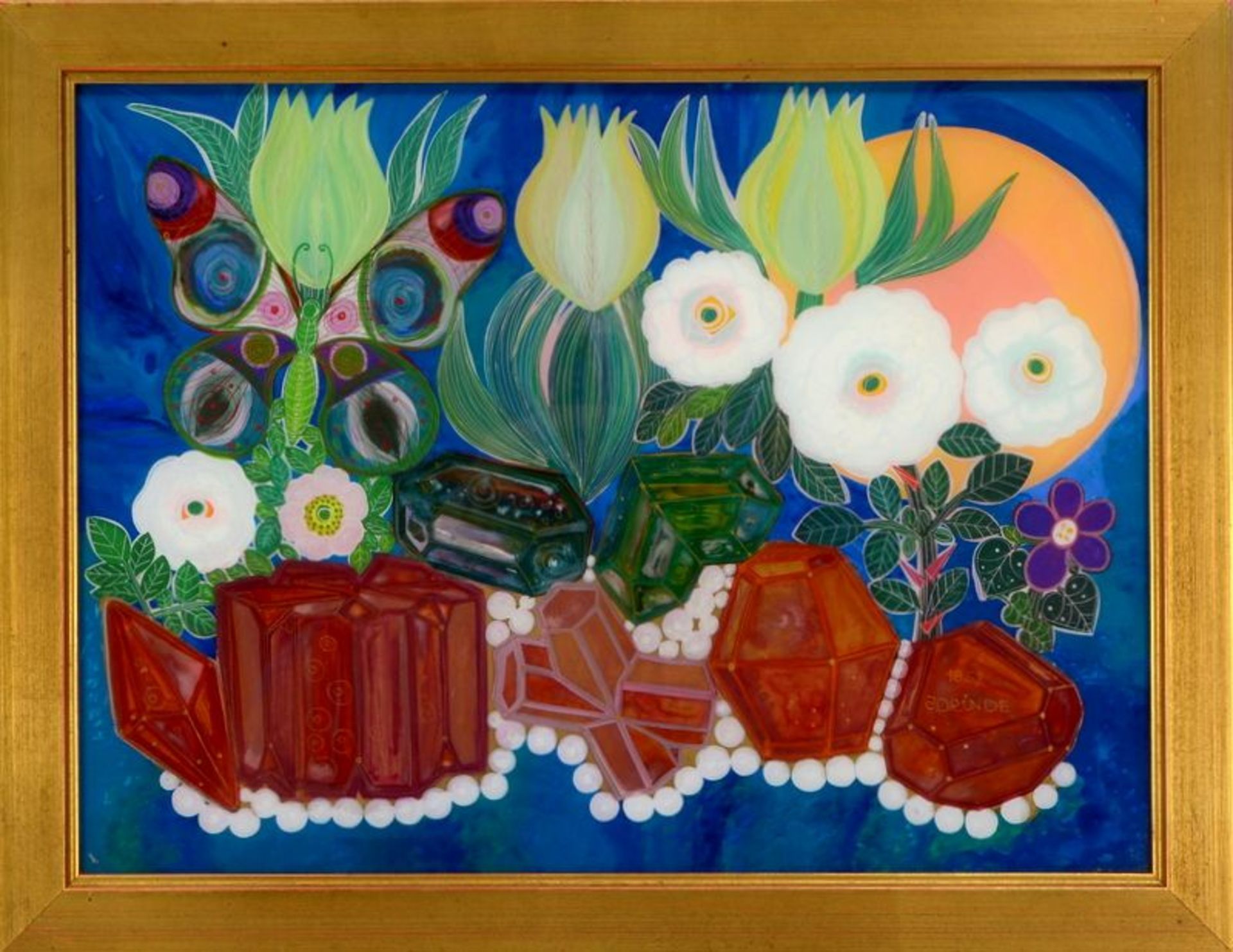 Binder, Jorinde (1920 - 1998), &#039;Blick auf eine magische Landschaft&#039;, Hinterglasmalerei/ger