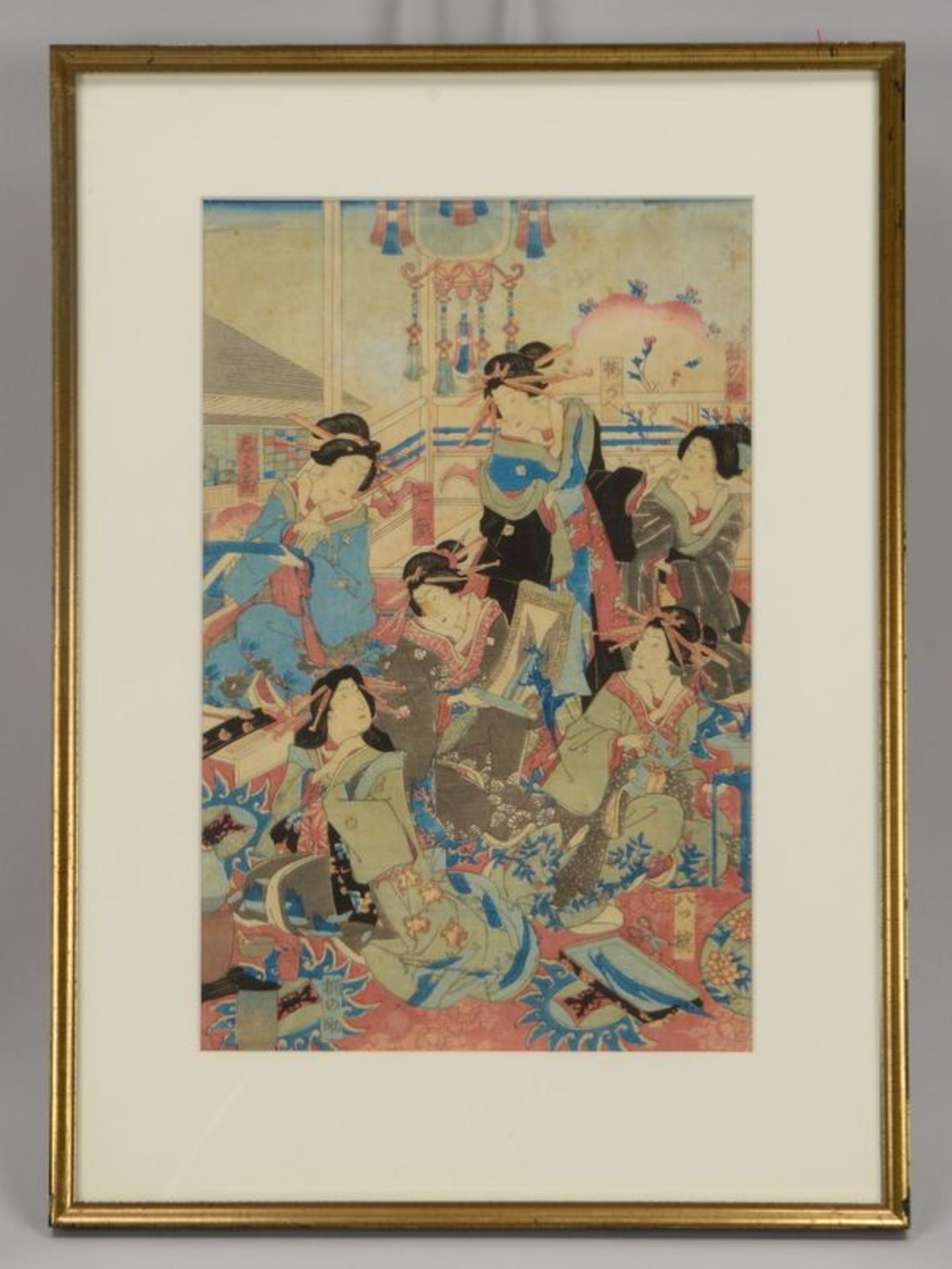 Farbholzschnitt (Japan), &#039;Geisha-Gesellschaft&#039;, in japanischen Schriftzeichen signiert und