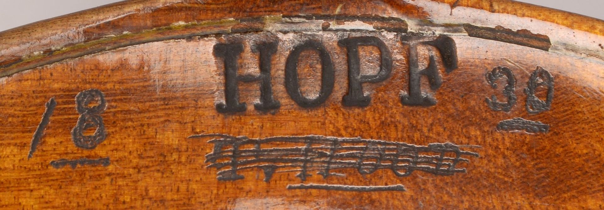 Hopf/Klingenthal, alte Geige, r&uuml;ckseitig gemarkt und datiert &#039;1830&#039;/mit Brandstempel, - Bild 3 aus 3