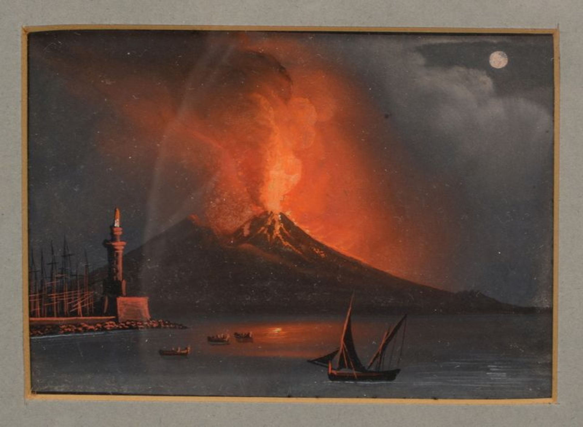 Miniaturmalerei (19. Jahrhundert), &#039;Vesuv bei Nacht - mit Hafenansicht&#039;, Gouache auf Papie