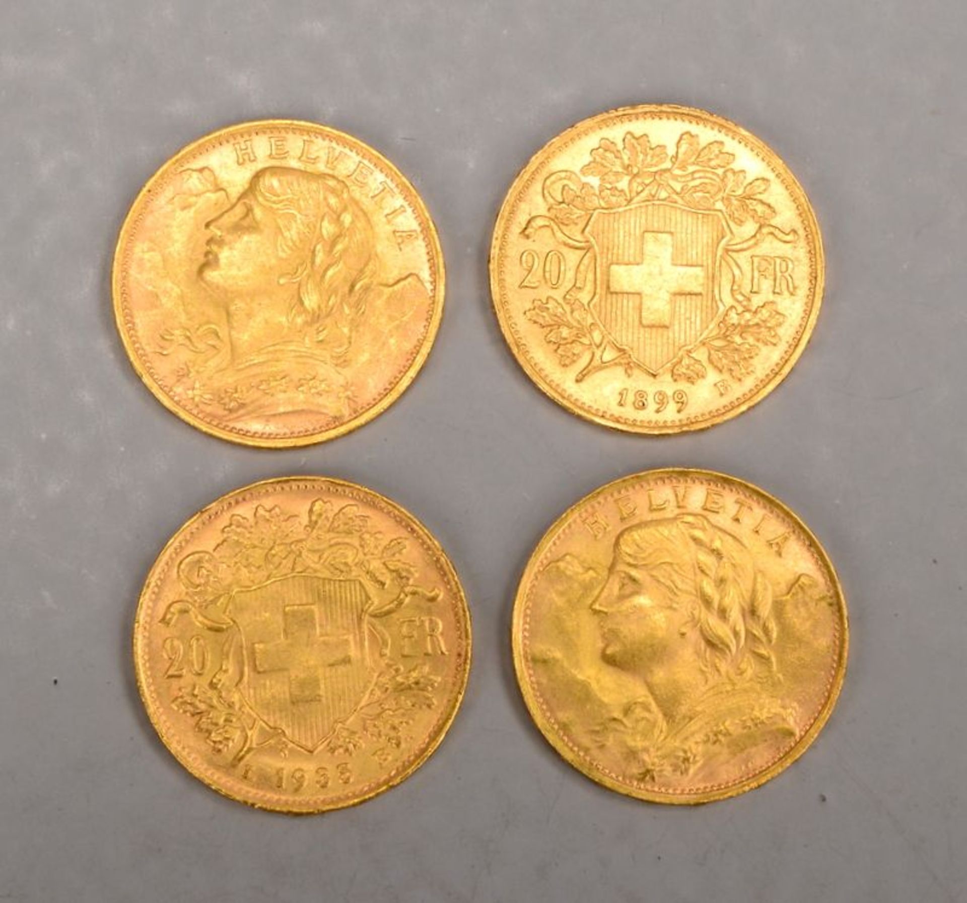 Goldm&uuml;nzen (Schweiz): 4x &#039;20 Franken/Vreneli&#039; - 1x &#039;1899 B&#039;, und 3x &#039;1