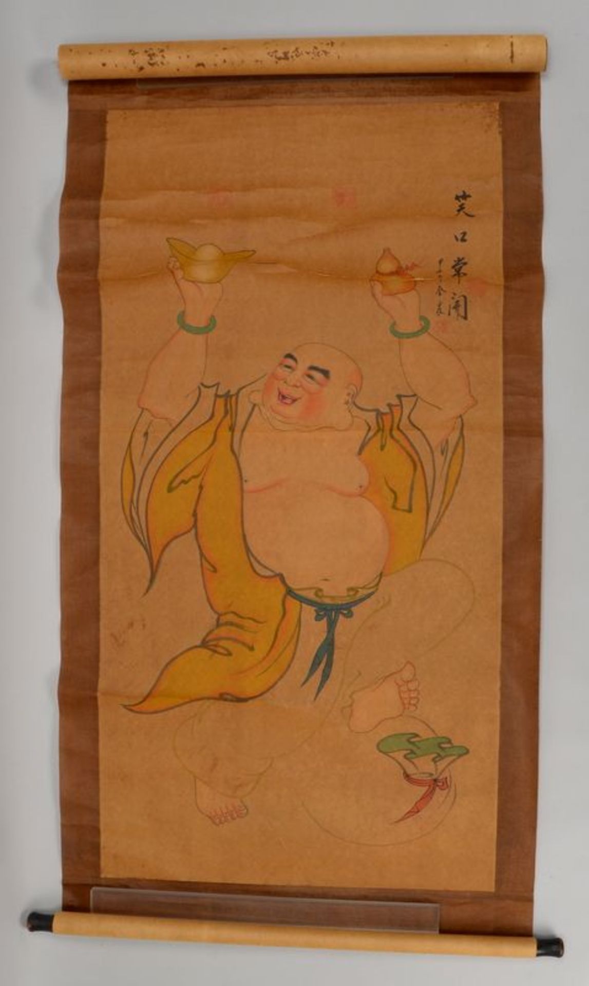 Tuschezeichnung (China, um 1900), &#039;Balancierender Buddha&#039;, Blatt mit chinesischen Schriftz