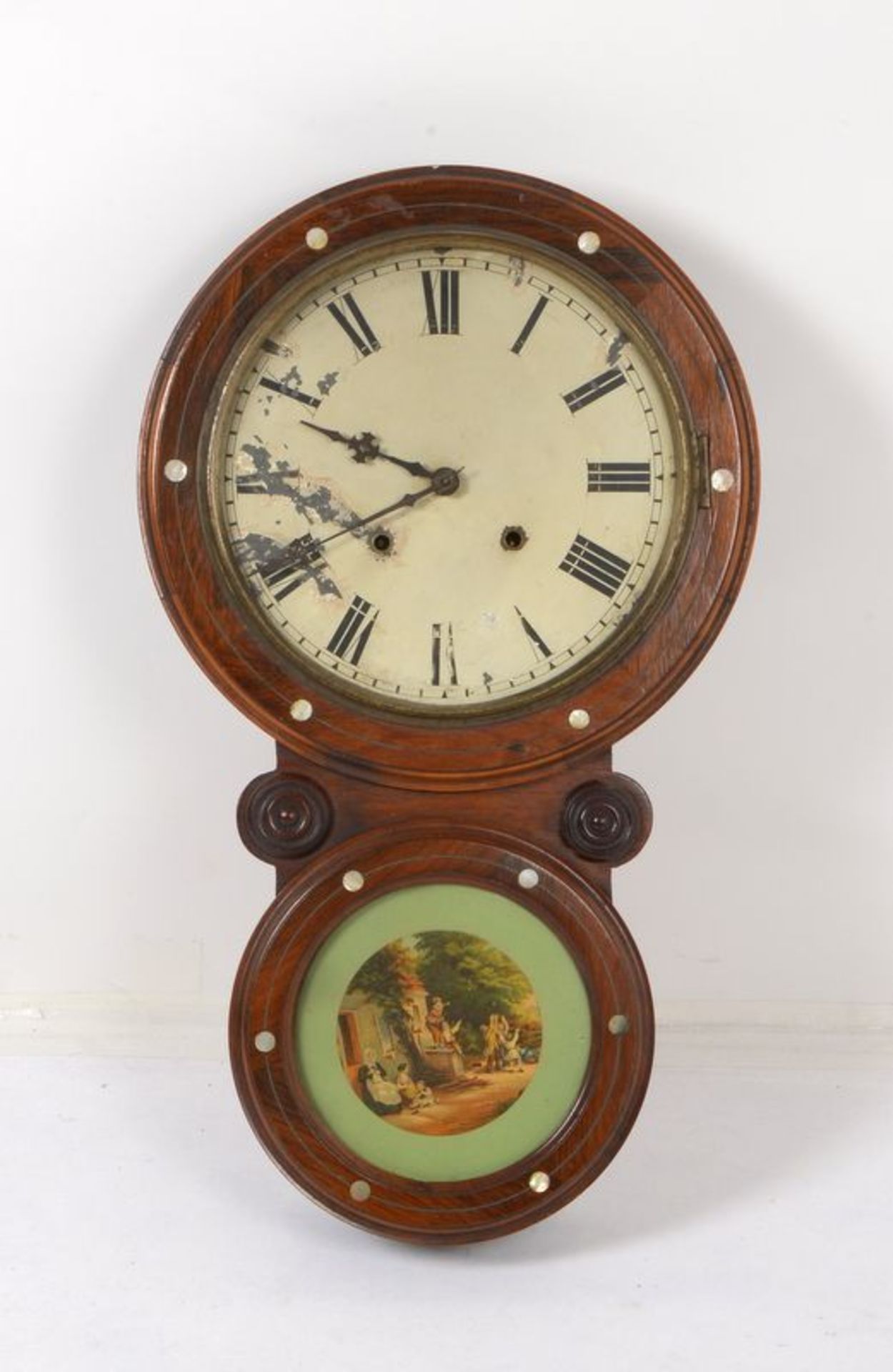 Wanduhr (Restaurationsobjekt), Holz-Korpus mit Perlmutteinlagen, Emaille-Ziffernblatt, darunter rund