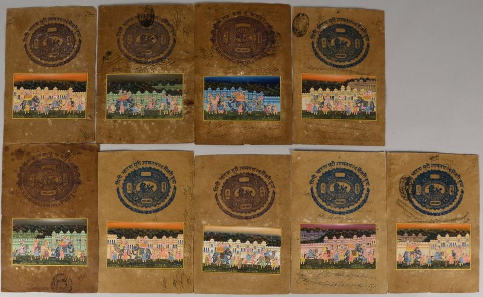 Kleines Malereien-Konvolut (Indien), &#039;Paradeszenen&#039;, feine polychrome Gouachen, jeweils mi