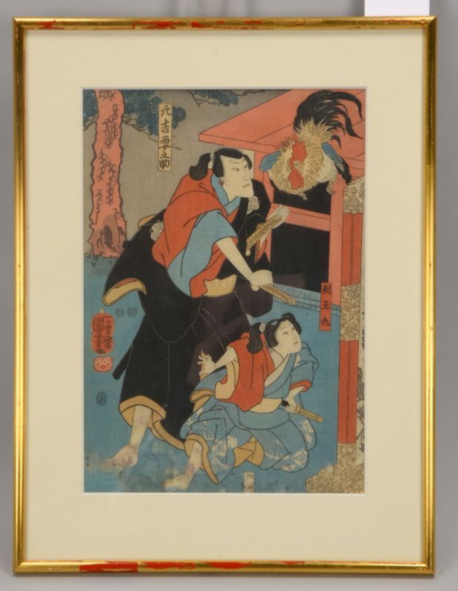 Farbholzschnitt (Japan), &#039;Samurai-Paar mit Hahn&#039;, in japanischen Schriftzeichen signiert u