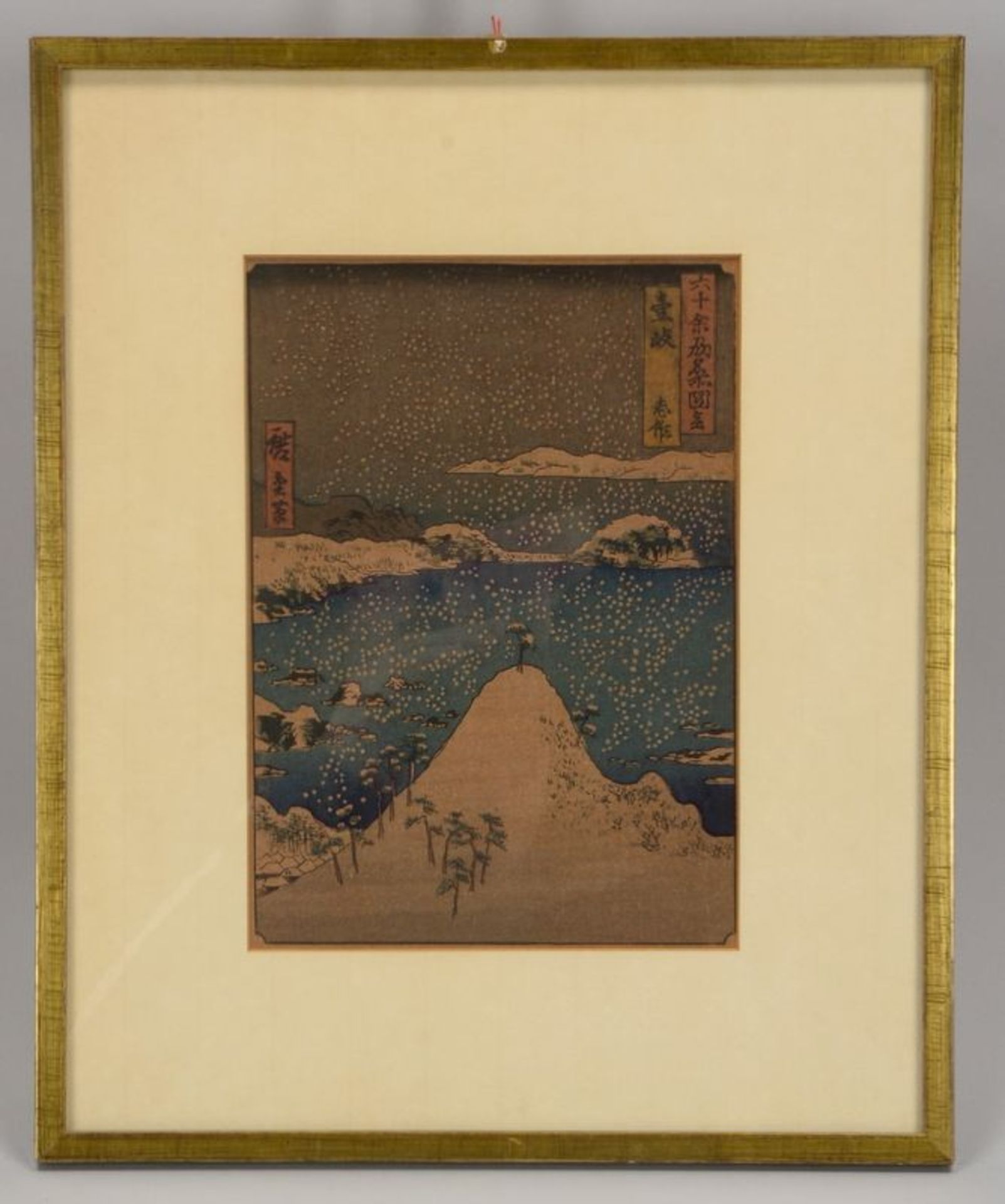 Farbholzschnitt (Japan), &#039;Schnee in der Nacht&#039;, in japanischen Schriftzeichen signiert und