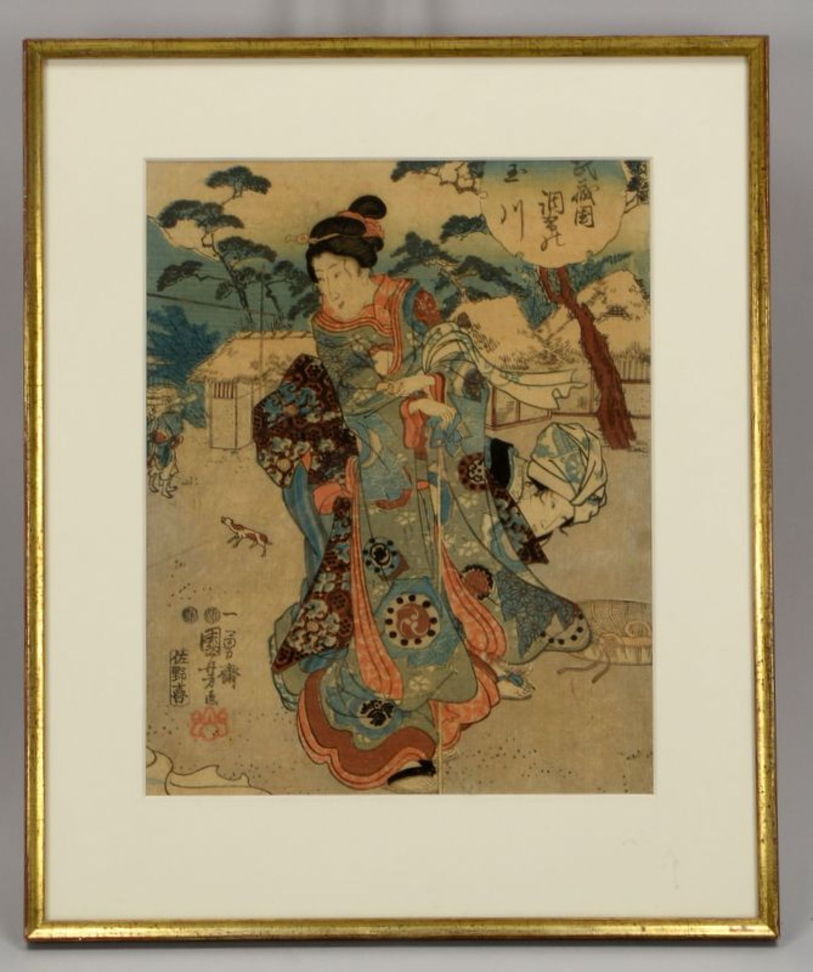 Kuniyoshi, Utagawa (1798 - 1861, Japan), &#039;Zwei Frauen und H&uuml;tten&#039;, in japanischen Sch