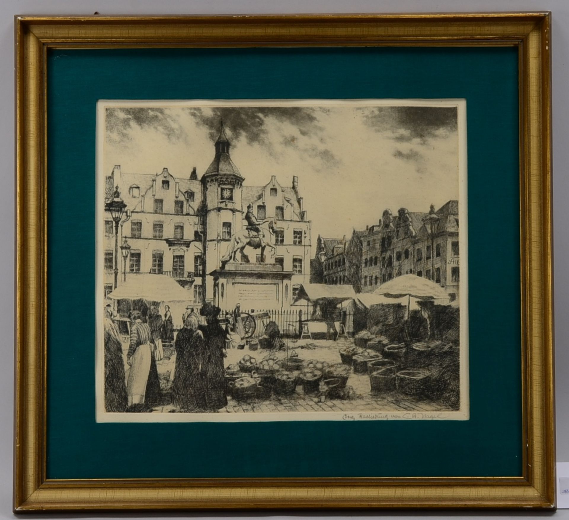 C.A. Nagel, original Radierung &quot;Jan-Wellem-Platz D&uuml;sseldorf&quot;, Ma&szlig;e 39 x 45 cm