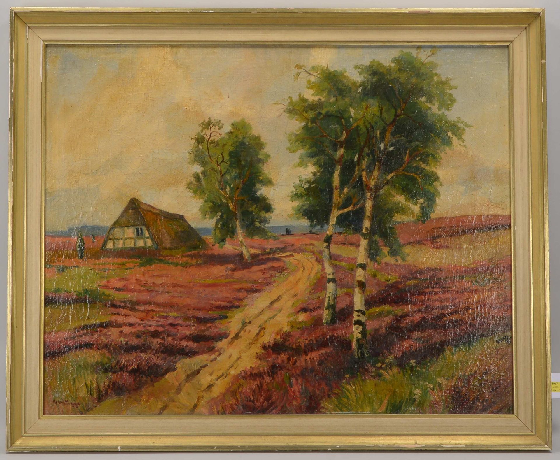 M&uuml;gge, Berthold (1896 - 1970), Heidelandschaft mit Birken und Kate&#039;, &Ouml;l/Lw, unten lin