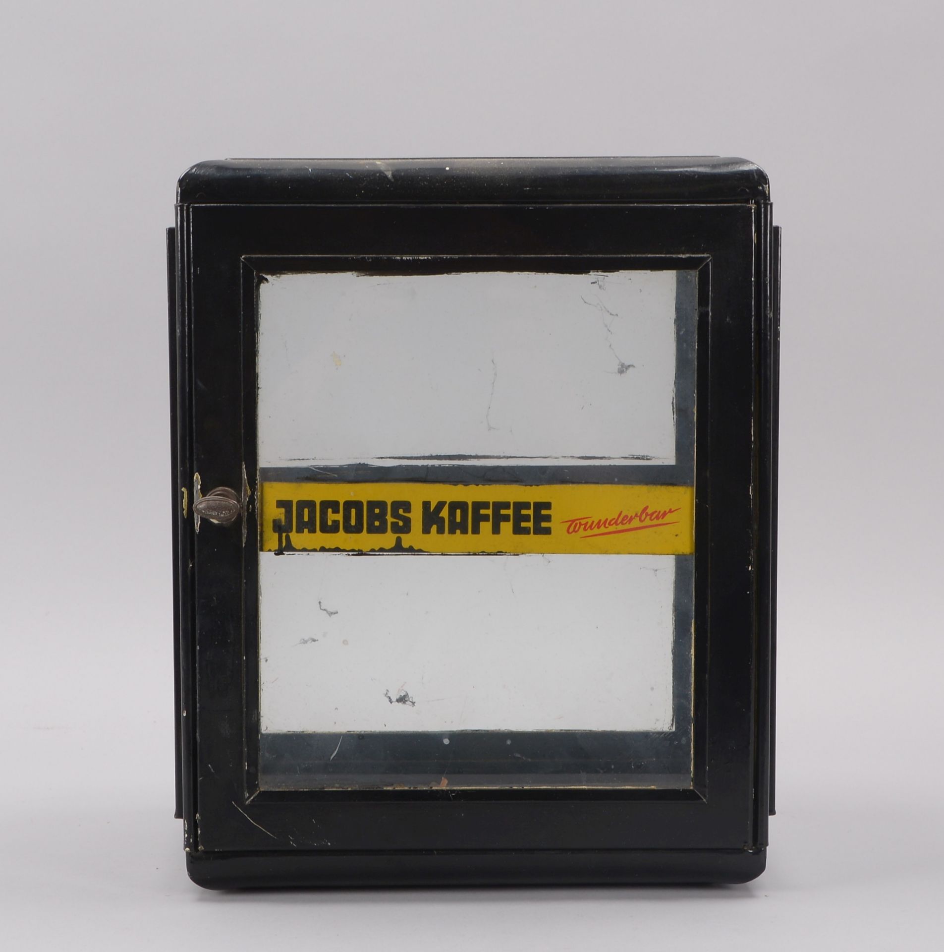 Kleine alte Verkaufsvitrine, &#039;Jacobs Kaffee&#039;, schwarz lackiertes Metall/verglast, mit 2x E