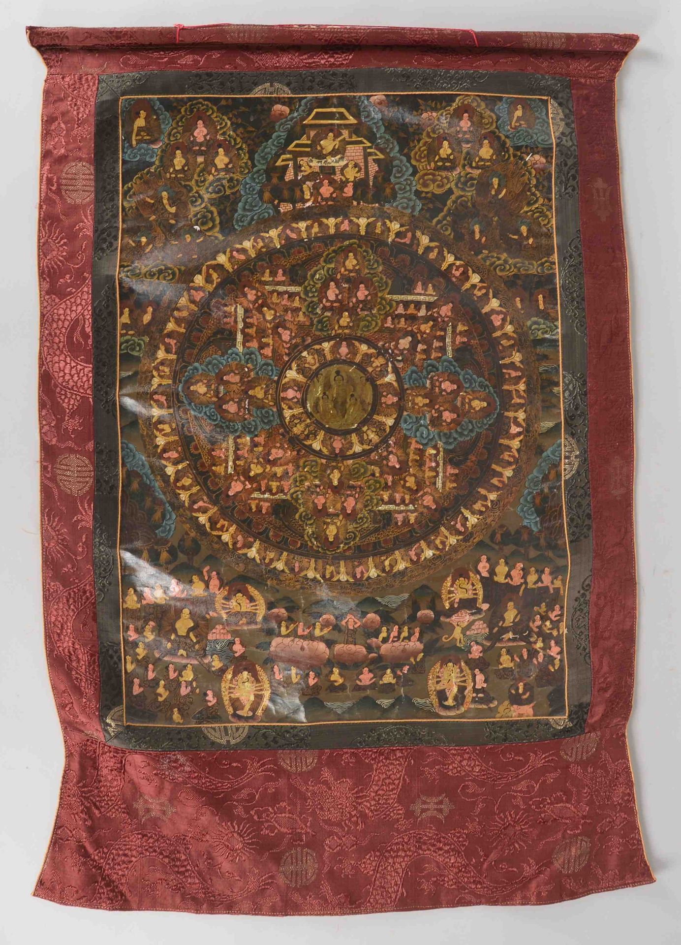 Thangka (Tibet), &#039;Mehrfigurige buddhistische Darstellung&#039;, im Brokat-Passepartout; Ma&szli