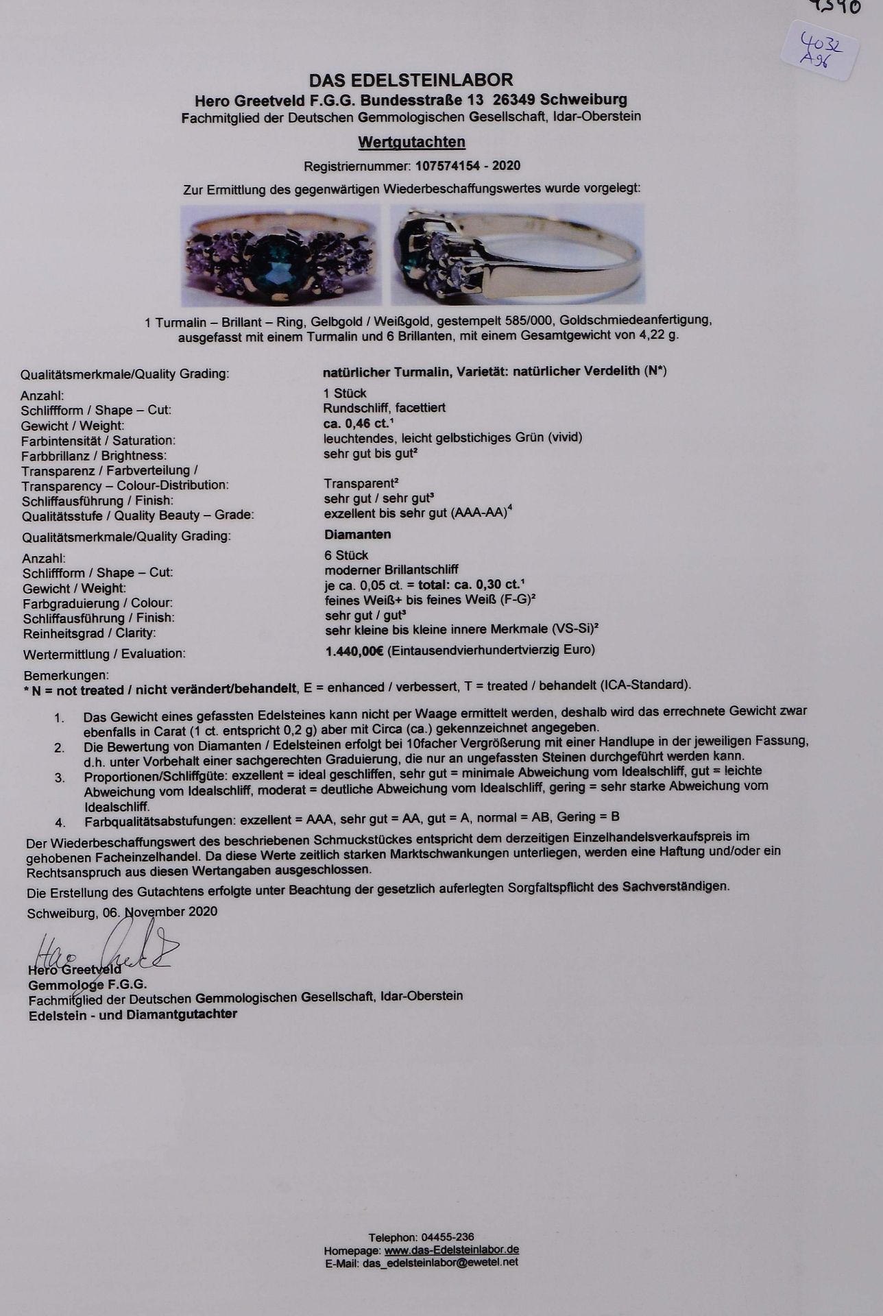 Ring, 585 GG/WG, besetzt mit einzelnem nat&uuml;rlichem Turmalin von ca. 0,46 ct, Stein im Rundschli - Image 3 of 3