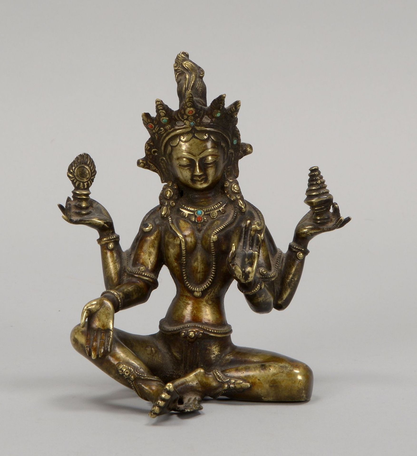 Bronzeskulptur (Nepal/Tibet, 20. Jahrhundert), &#039;Vierarmige Gottheit - Tara&#039;, massiver Guss